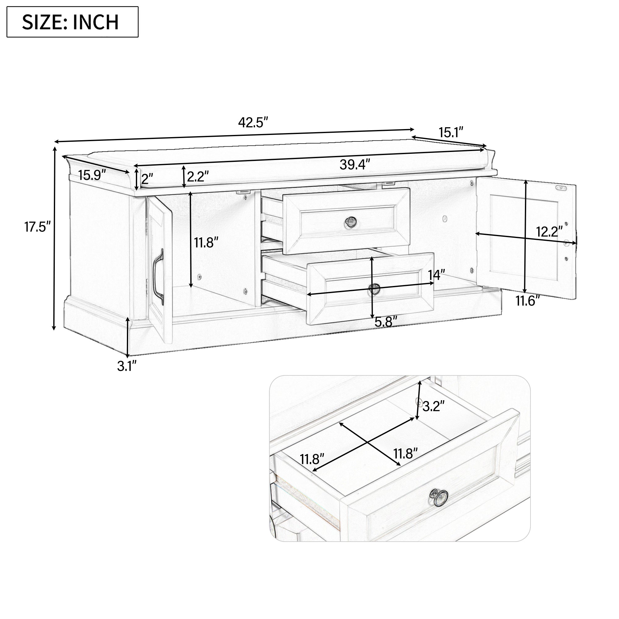 HAOYYE Storage Bench with 2 Drawers and Cabinets, Shoe Bench with Removable Cushion for Living Room, Entryway, Sturdy Space-Saving Heavy Duty Construction, Espresso Finish, Modern Design for Adults and Dorm Rooms