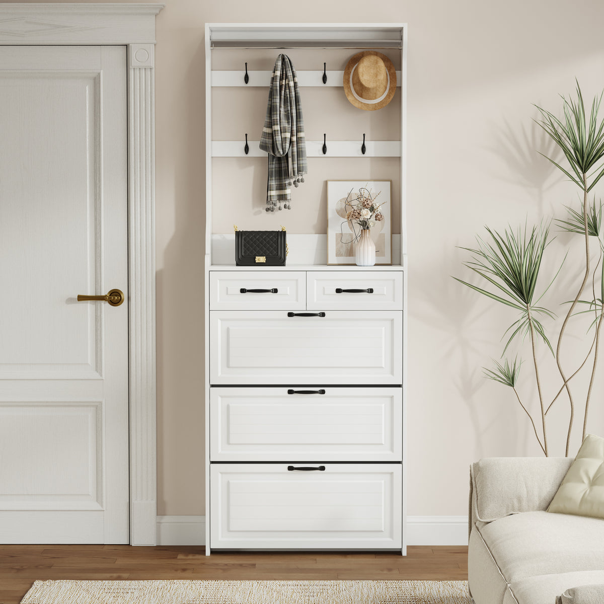 HAOYYE White Shoe Cabinet With 3 Doors 2 Drawers And Hanger, Large Capacity Storage Cabinet For Bedroom, Entryway, Or Dorm Room, Sturdy Modern Design, Space-Saving, Heavy Duty, Easy Assembly