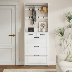 HAOYYE White Shoe Cabinet With 3 Doors 2 Drawers And Hanger, Large Capacity Storage Cabinet For Bedroom, Entryway, Or Dorm Room, Sturdy Modern Design, Space-Saving, Heavy Duty, Easy Assembly