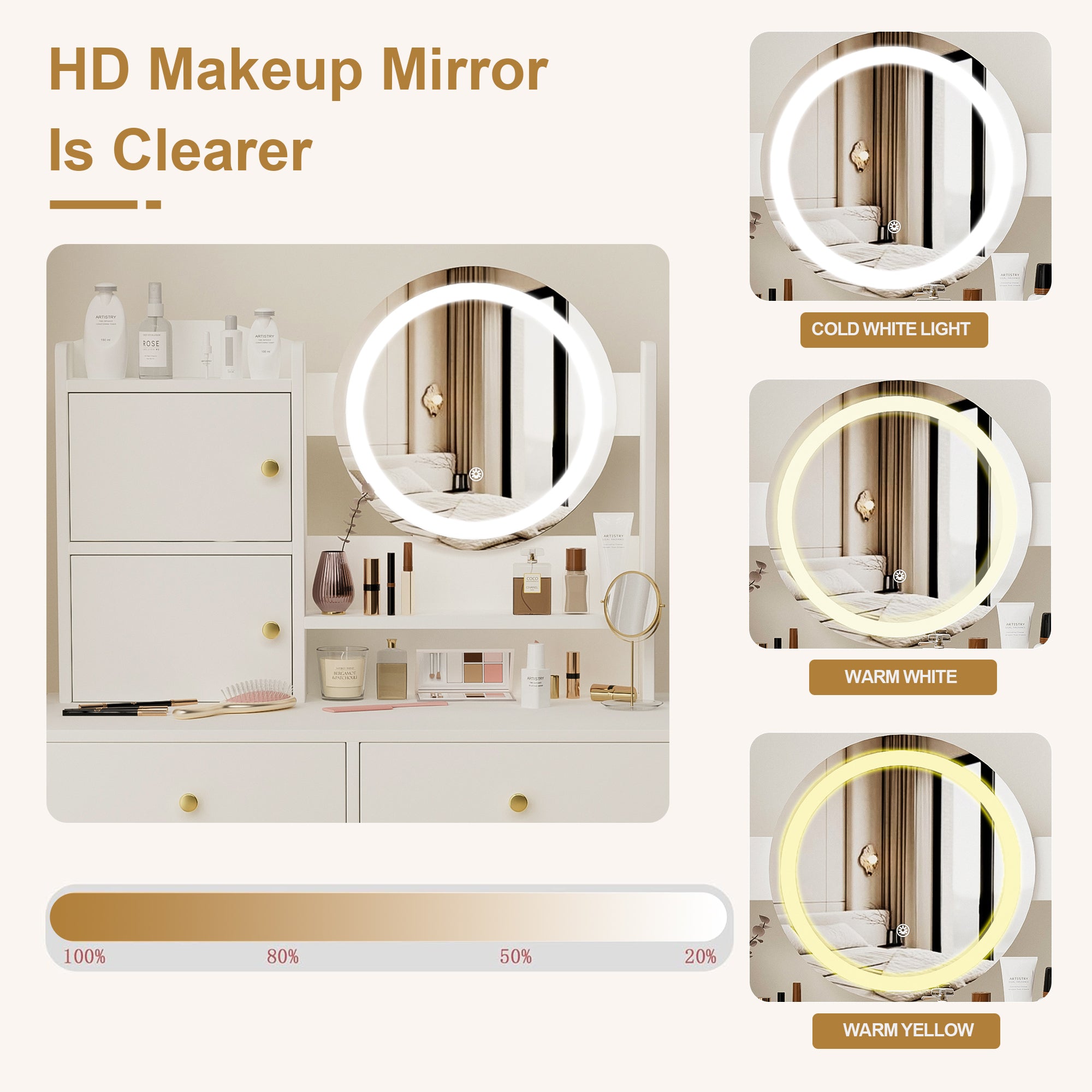 HAOYYE Fashion Vanity Desk with Mirror and Lights for Makeup and Cushioned Chair, Vanity Mirror with Lights and Table Set with 3 Color Lighting Brightness Adjustable,Dressing table, White Color Sturdy