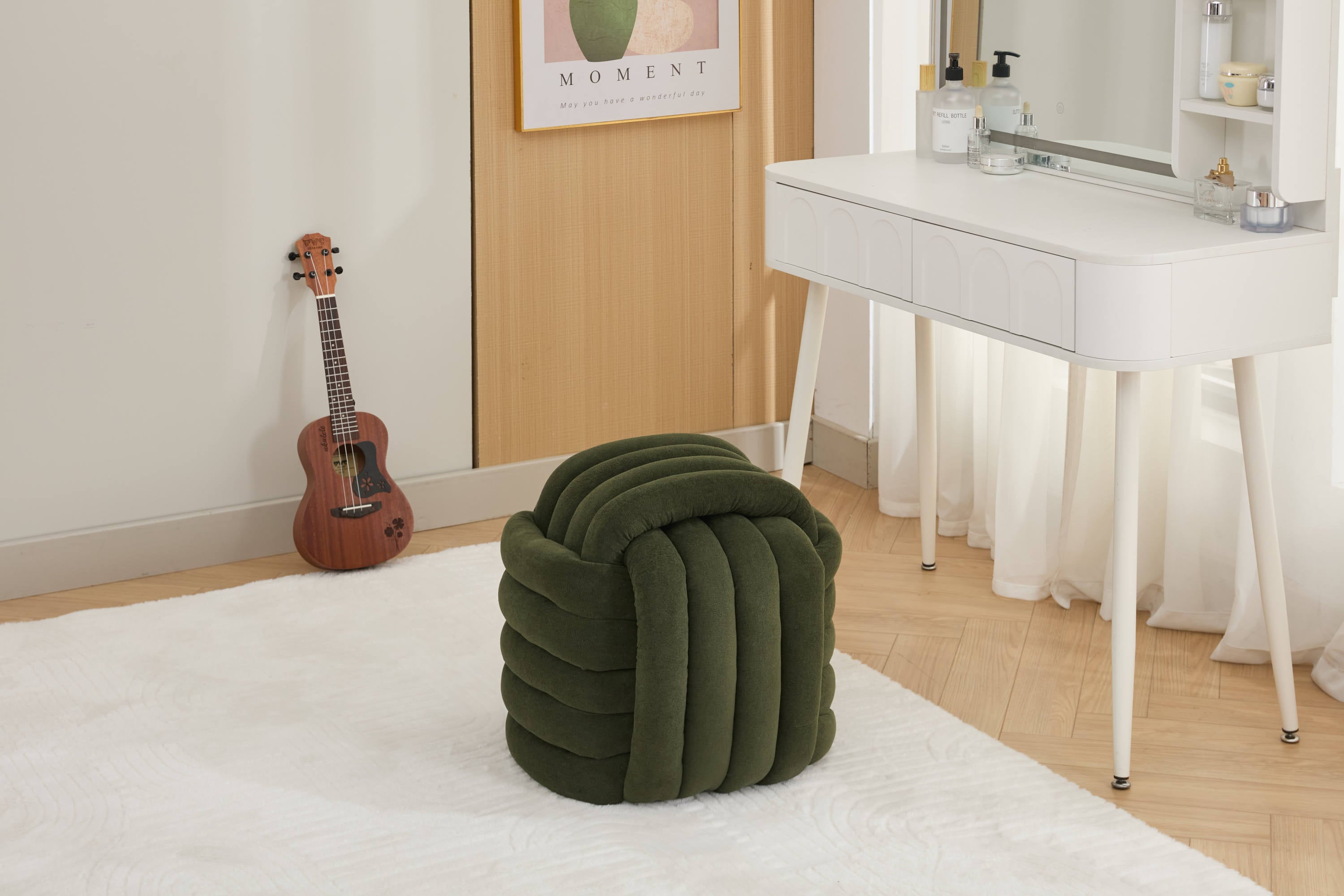 Haoyye Modern Chenille Fabric Knot Design Ottoman Makeup Stool Footstool, Comfortable and Stylish Seat, Perfect for Living Room and Bedroom, Space-Saving Heavy Duty Construction, Durable Furniture for Adults Dorm Room