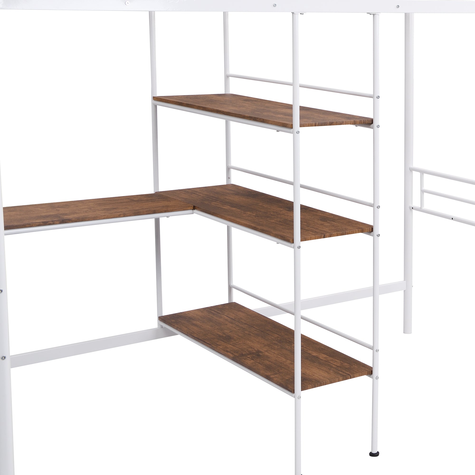 HAOYYE Twin Size Metal Loft Bed and Built-in Desk and Shelves,White Sturdy Space-Saving Heavy Duty Modern Design Adults Dorm Room Easy Assembly Bedroom Furniture
