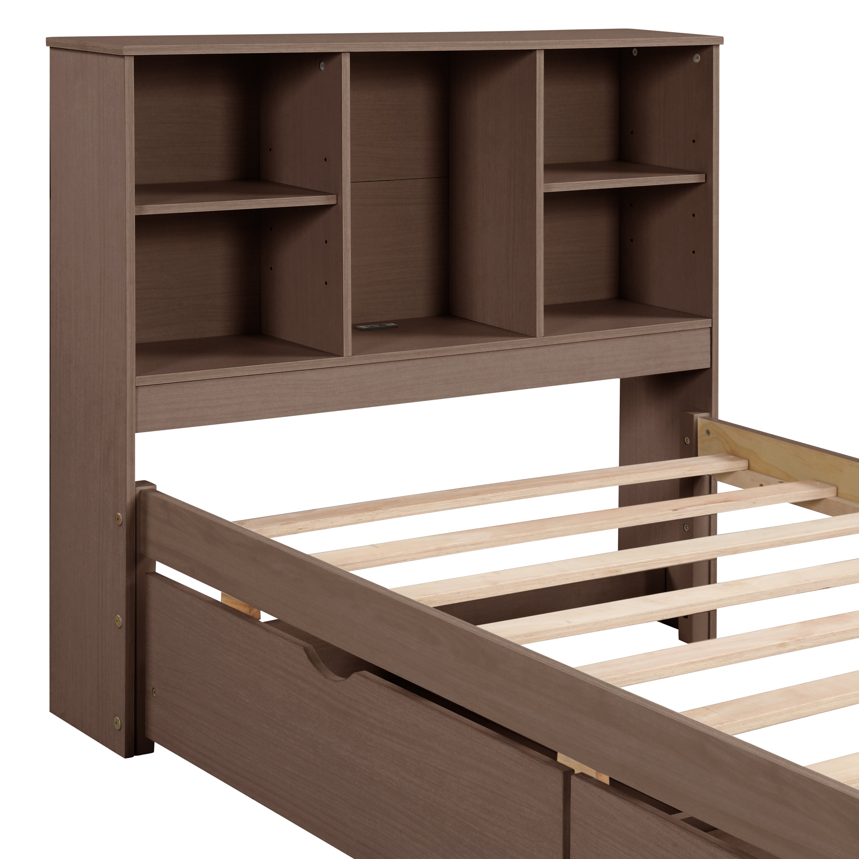 HAOYYE Twin Bed Frame with USB Port, Bookcase Headboard and Storage Drawers, Walnut Finish, Sturdy Space-Saving Design, Heavy Duty, Easy Assembly, Ideal for Bedroom and Dorm Room