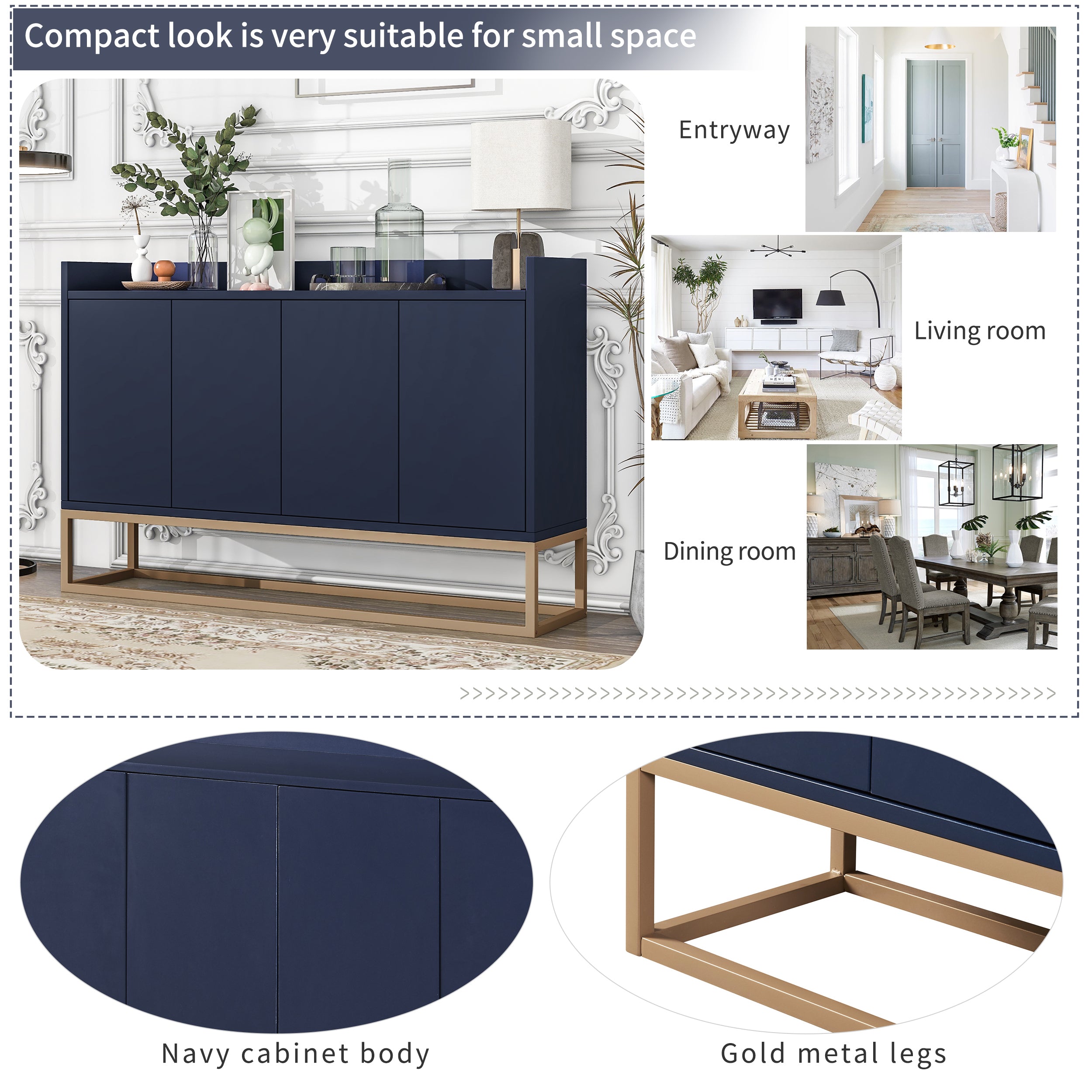 HAOYYE Modern Sideboard Elegant Buffet Cabinet with Large Storage Space for Dining Room, Entryway (Navy) Sturdy Space-Saving Heavy Duty Modern Design Adults Dorm Room Easy Assembly