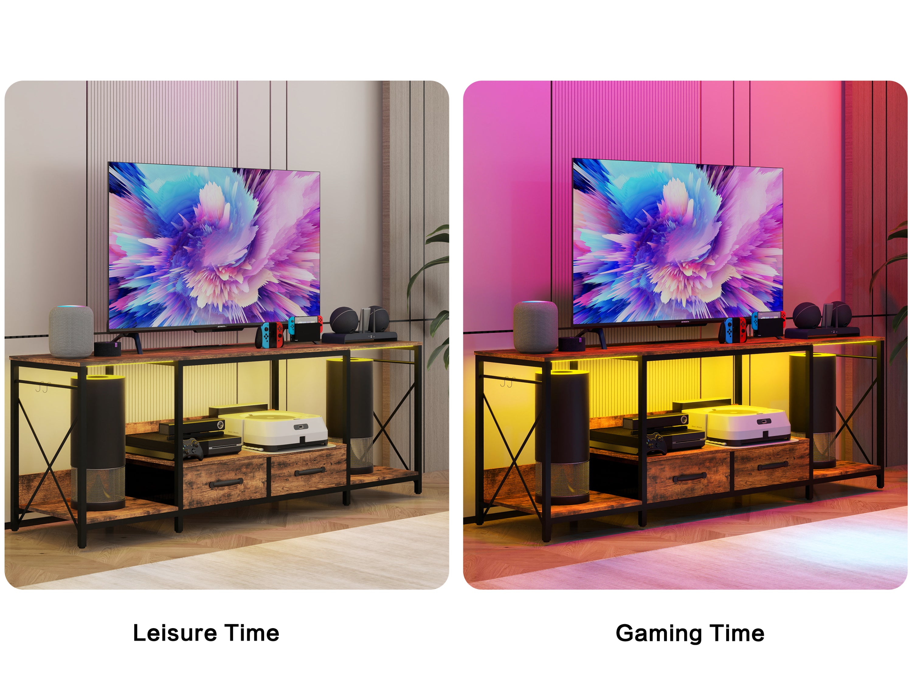 HAOYYE TV Stand with LED Lights and Power Outlets, TV Console with Fabric Drawers for 65-75 Inch TVs, Industrial Entertainment Center with Open Storage Shelves, Modern TV Stand for Living Room, Bedroom