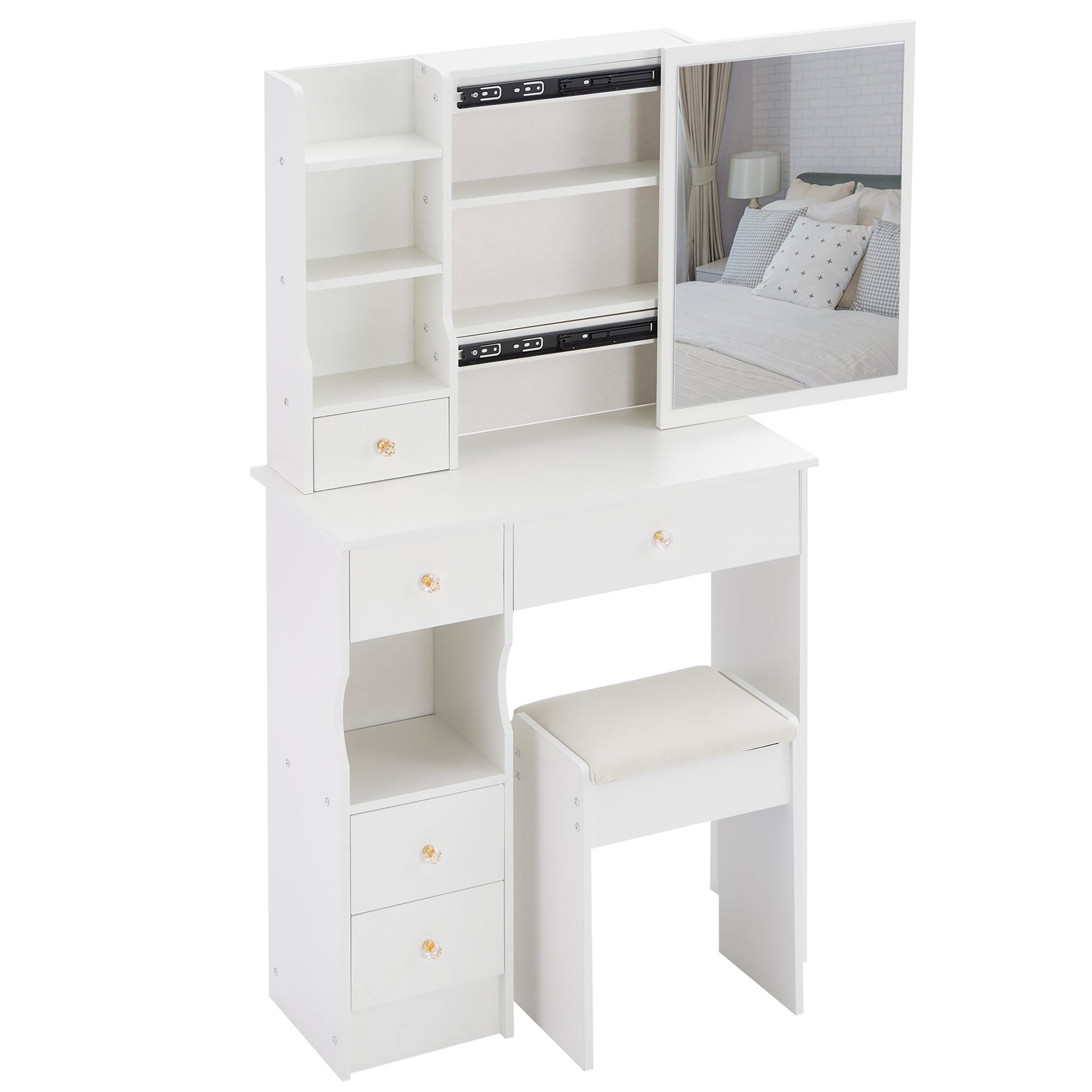 HAOYYE Small Size Left Drawer Desktop Vanity Table + Cushioned Stool, Extra Large Sliding Mirror, Multi Layer, High Capacity Storage Fashionable Dresser, Suitable for Small Space, EPA,GCC,UL Certificate