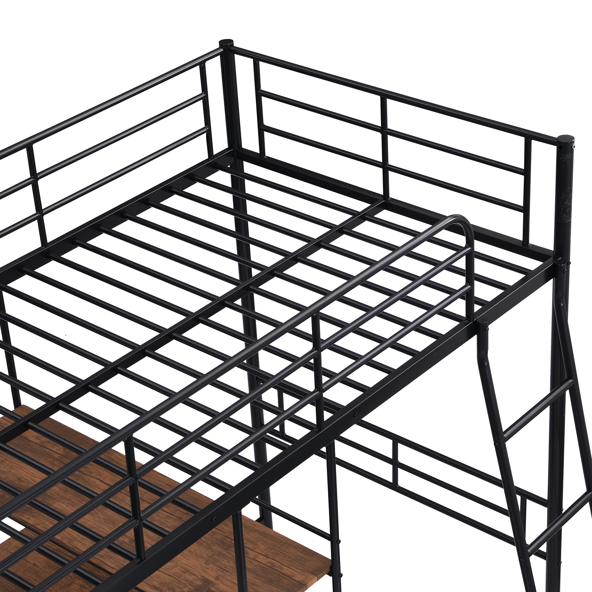 HAOYYE Twin Size Metal Loft Bed and Built-in Desk and Shelves,Black Sturdy Space-Saving Heavy Duty Modern Design Adults Dorm Room Easy Assembly Bedroom Furniture