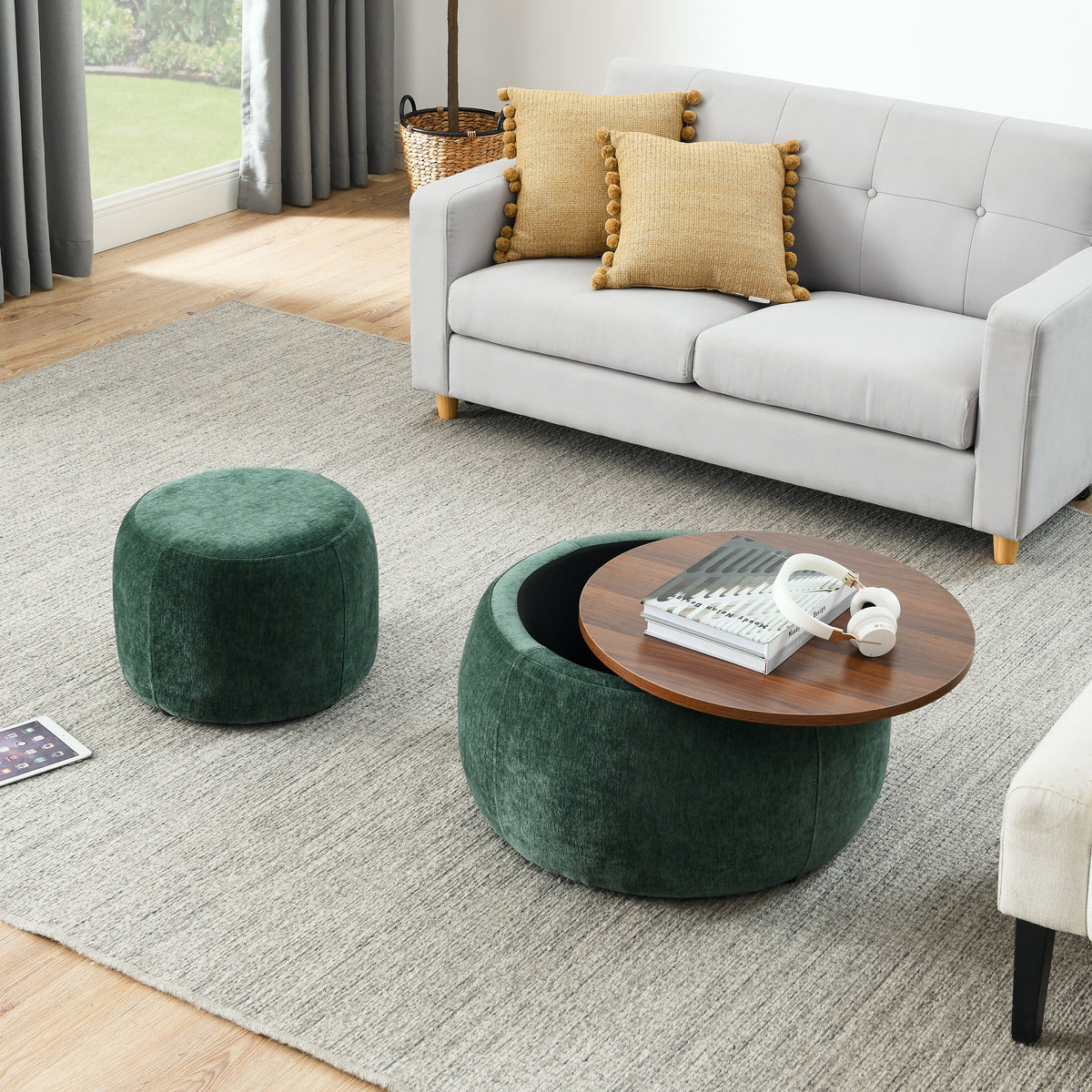 HAOYYE Round Storage Ottoman 2 in 1 Multifunctional End Table and Ottoman with Integrated Seat for Adults in Heavy Duty Construction and Space Saving Modern Design Ideal for Dorm Room and Office Use with Easy Assembly and Versatile Storage