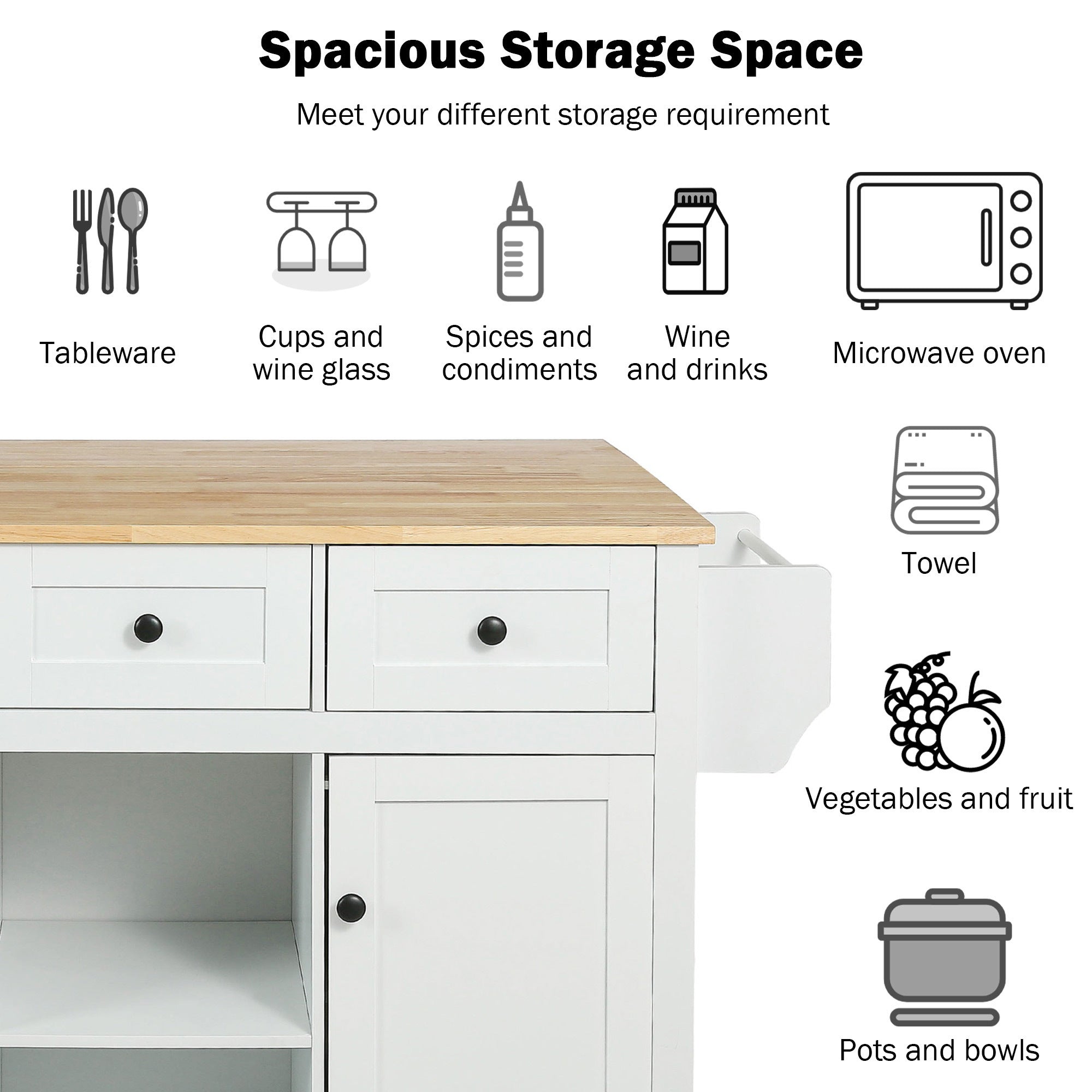 HAOYYE Kitchen Cart with Rubber wood Drop-Leaf Countertop ,Cabinet door internal storage racks,Kitchen Island on 5 Wheels with Storage Cabinet and 3 Drawers for Dinning Room,White Sturdy Space-Saving Durable