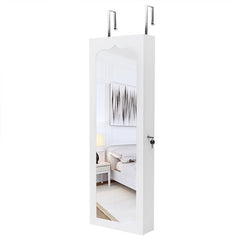 HAOYYE Wall Mounted Jewelry Cabinet with Mirror and Blue LED Lights, 4-Layer Storage Shelves and 6 Drawers, White Wooden Lockable Jewelry Organizer Armoire with Elegant Design