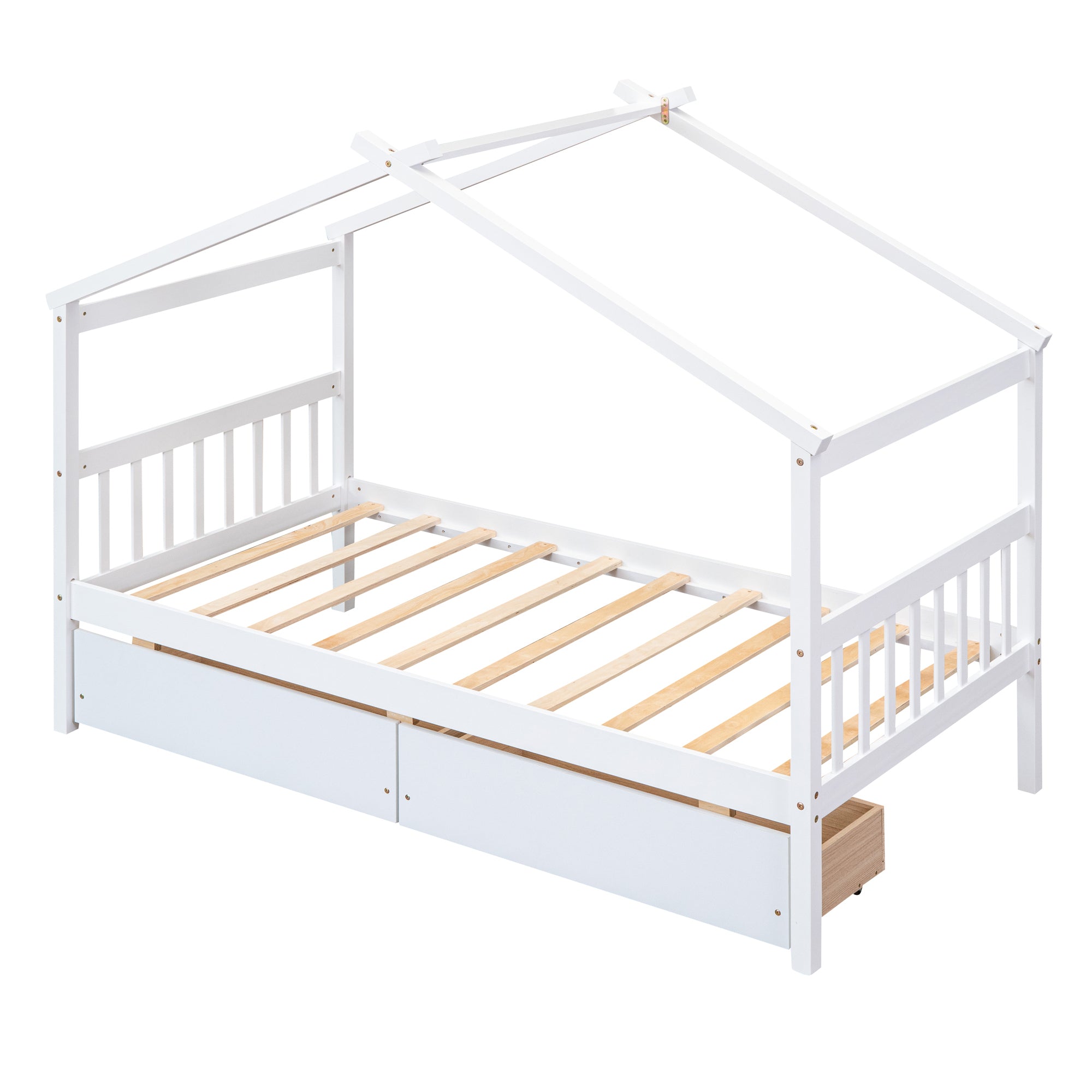 HAOYYE Twin Size Wooden House Bed Frame With Drawers, White, Space-Saving Heavy Duty Modern Design For Adults And Dorm Rooms, Easy Assembly Bedroom Furniture