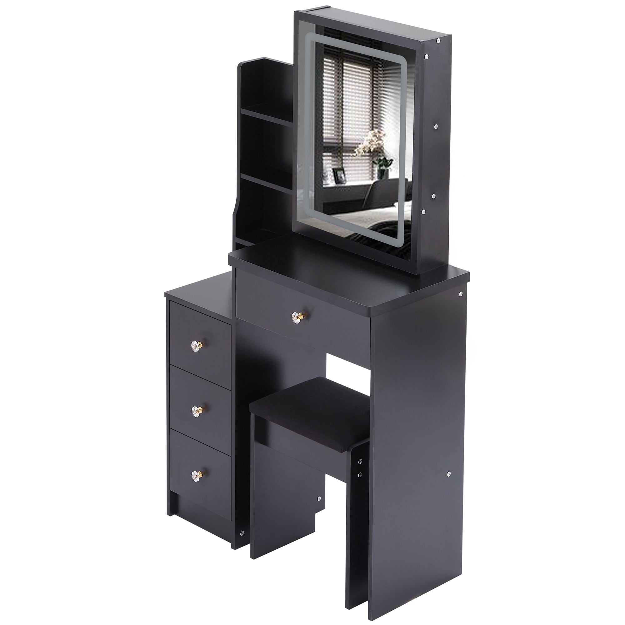 HAOYYE Small Size Left Bedside Cabinet Vanity Table + Cushioned Stool, Touch Control Sliding LED Mirror, Tri-color Switching, Brightness Adjust, Multi Layer, Suitable for Small Space, EPA,GCC,UL Certificate