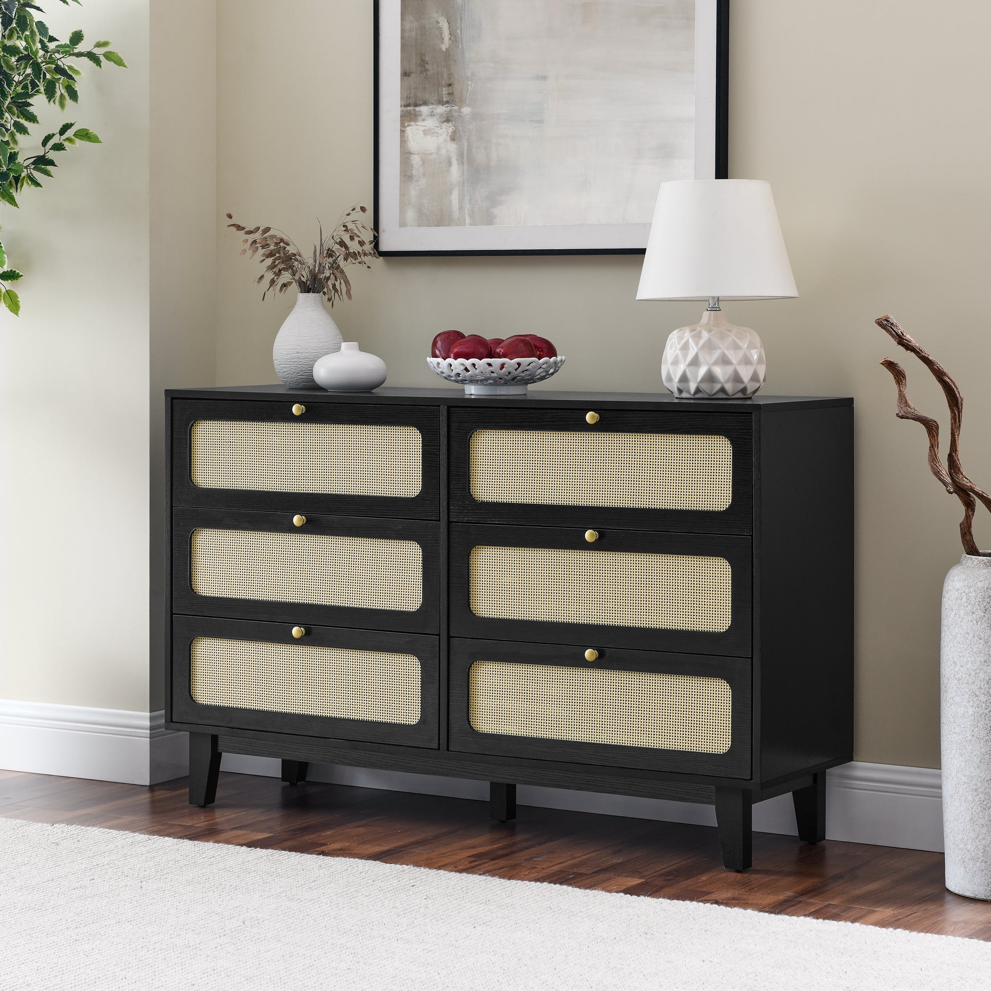 HAOYYE Wooden Antique Dresser with Drawers, Six-Drawer Storage Cabinet for Bedroom, Living Room, Corridor, Sturdy Space-Saving Heavy Duty Modern Design