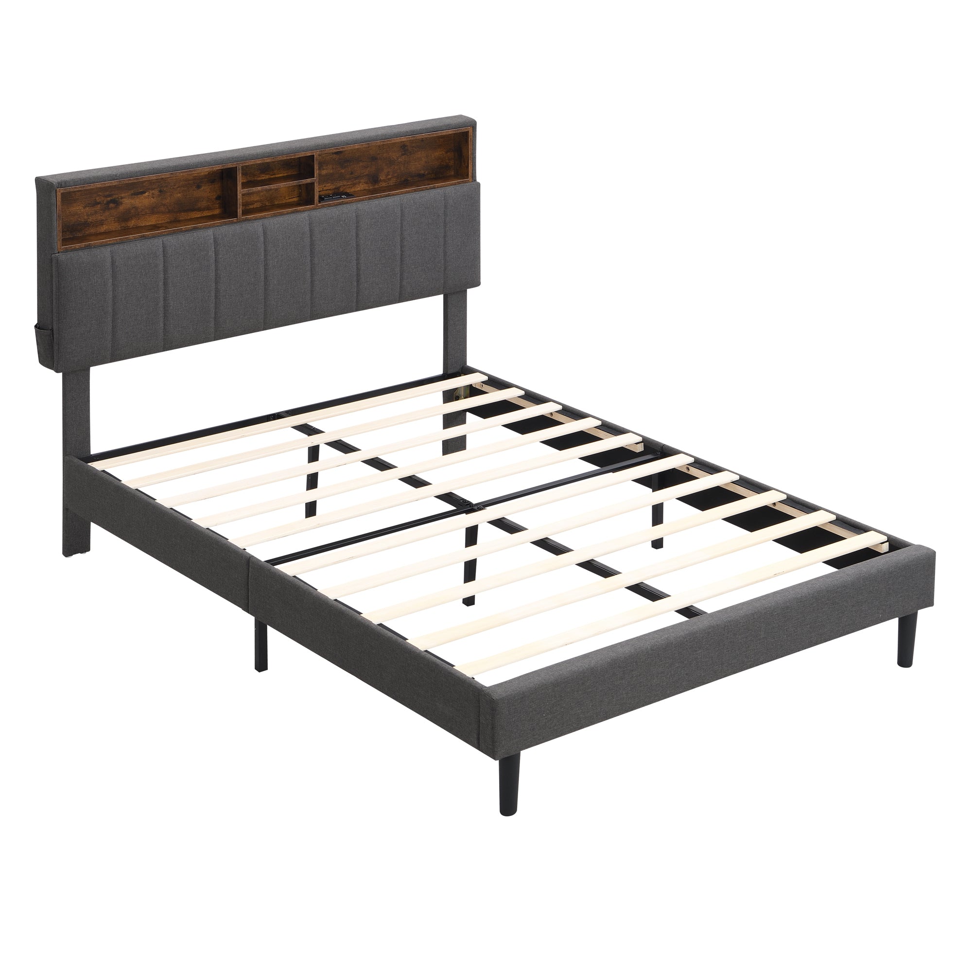 HAOYYE Full size Upholstered Platform Bed with Storage Headboard and USB Port, Linen Fabric Upholstered Bed (Gray) Sturdy Space-Saving Heavy Duty Modern Design Easy Assembly Durable Stylish Home Furniture