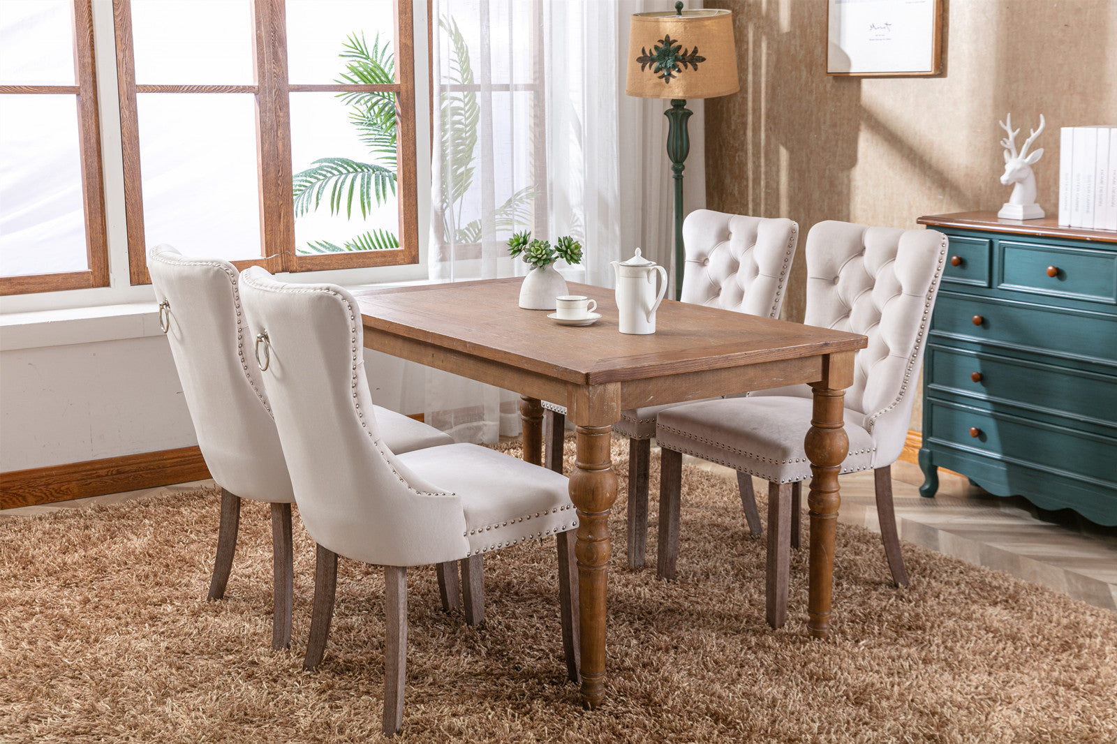 HAOYYE High-end Tufted Solid Wood Contemporary Velvet Upholstered Dining Chair with Wood Legs Nailhead Trim 2-Pcs Set,Beige, SW2001BG Sturdy Space-Saving Heavy Duty Modern Design