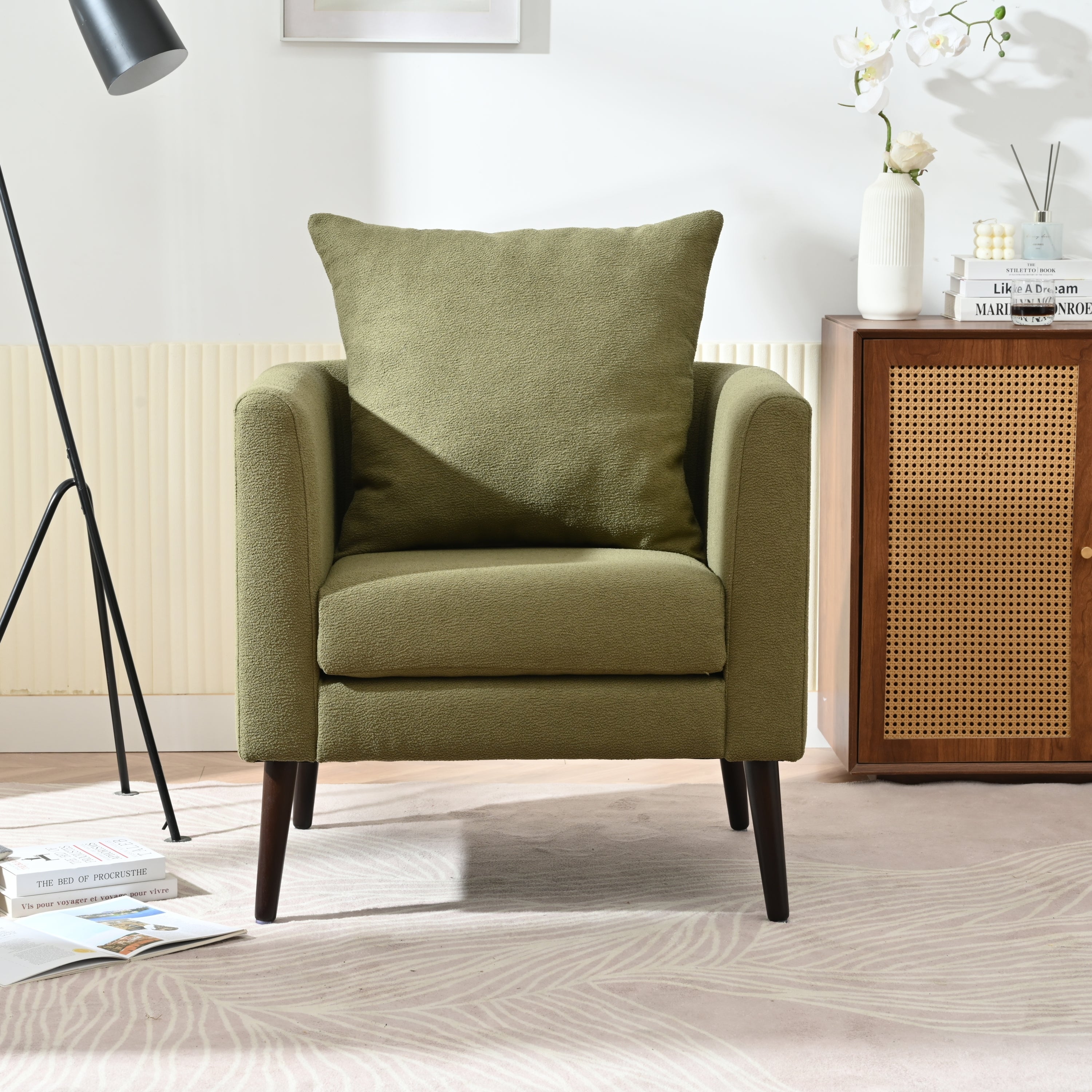 HAOYYE Barrel Chair, Modern Accent Chair, Fabric Armchair Club Chair,Upholstered Arm Chair with Solid Wood Legs,Waist Pillow,Padded Single Chair for Living Room/Bedroom/Study/Waiting Room,Olive Green Sturdy
