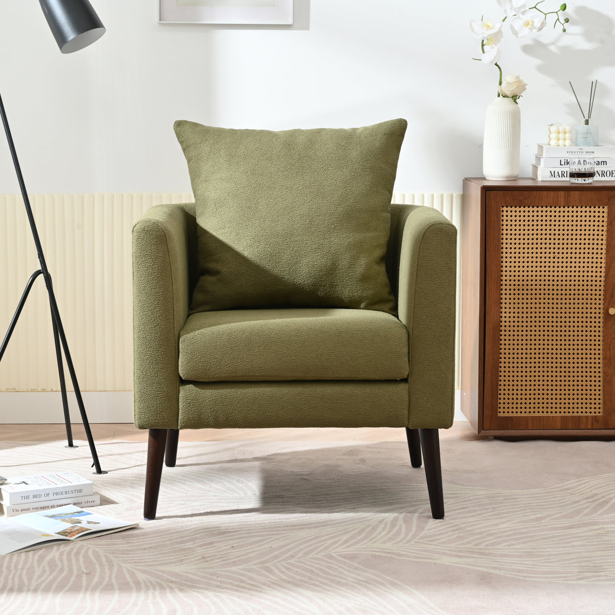 HAOYYE Barrel Chair, Modern Accent Chair, Fabric Armchair Club Chair,Upholstered Arm Chair with Solid Wood Legs,Waist Pillow,Padded Single Chair for Living Room/Bedroom/Study/Waiting Room,Olive Green Sturdy