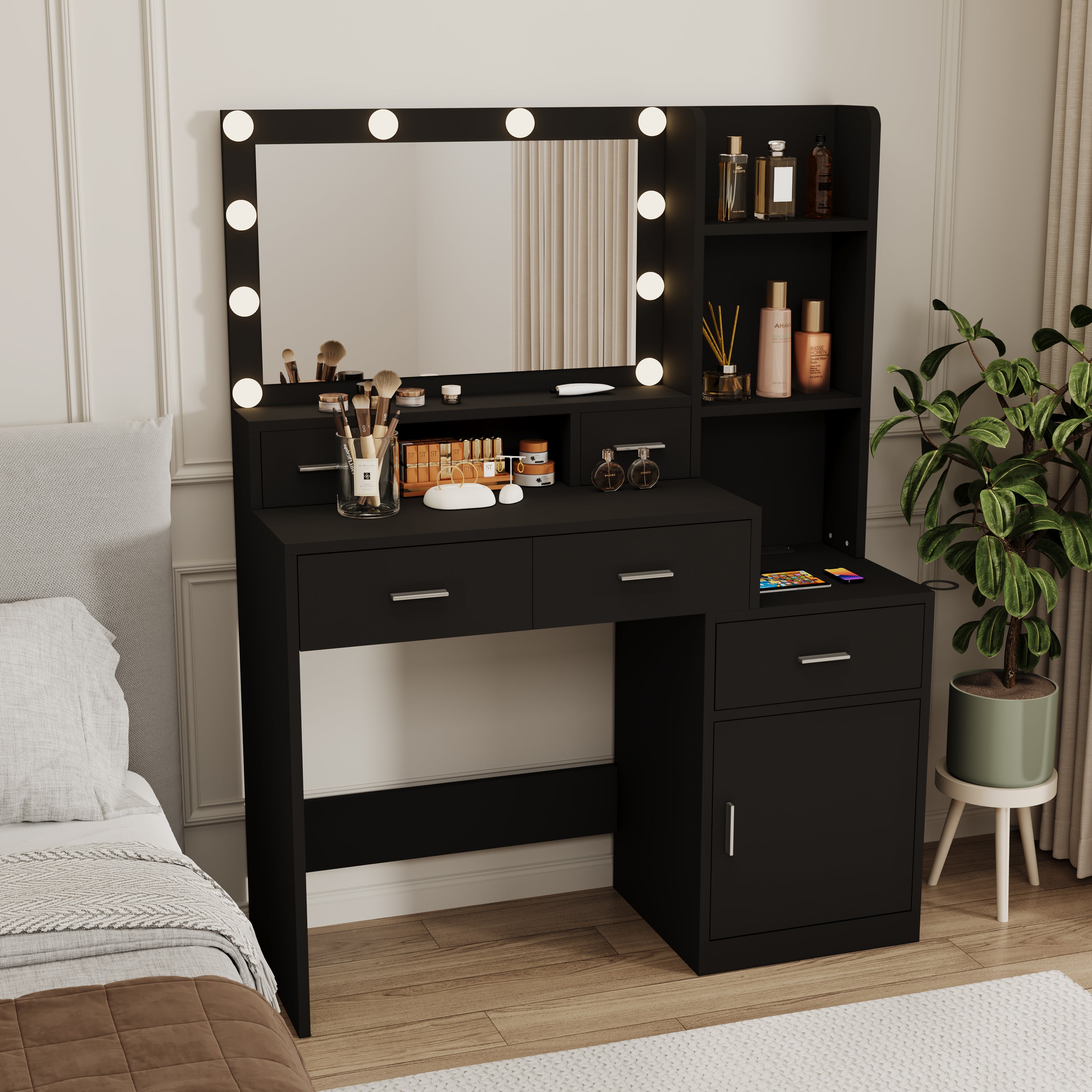 HAOYYE Smart Mirror Dressing Table with Drawers and Storage Cabinet, Modern Vanity Table with Soft Dressing Pad for Bedroom, Sturdy Space-Saving Heavy Duty Construction, Ideal for Adults