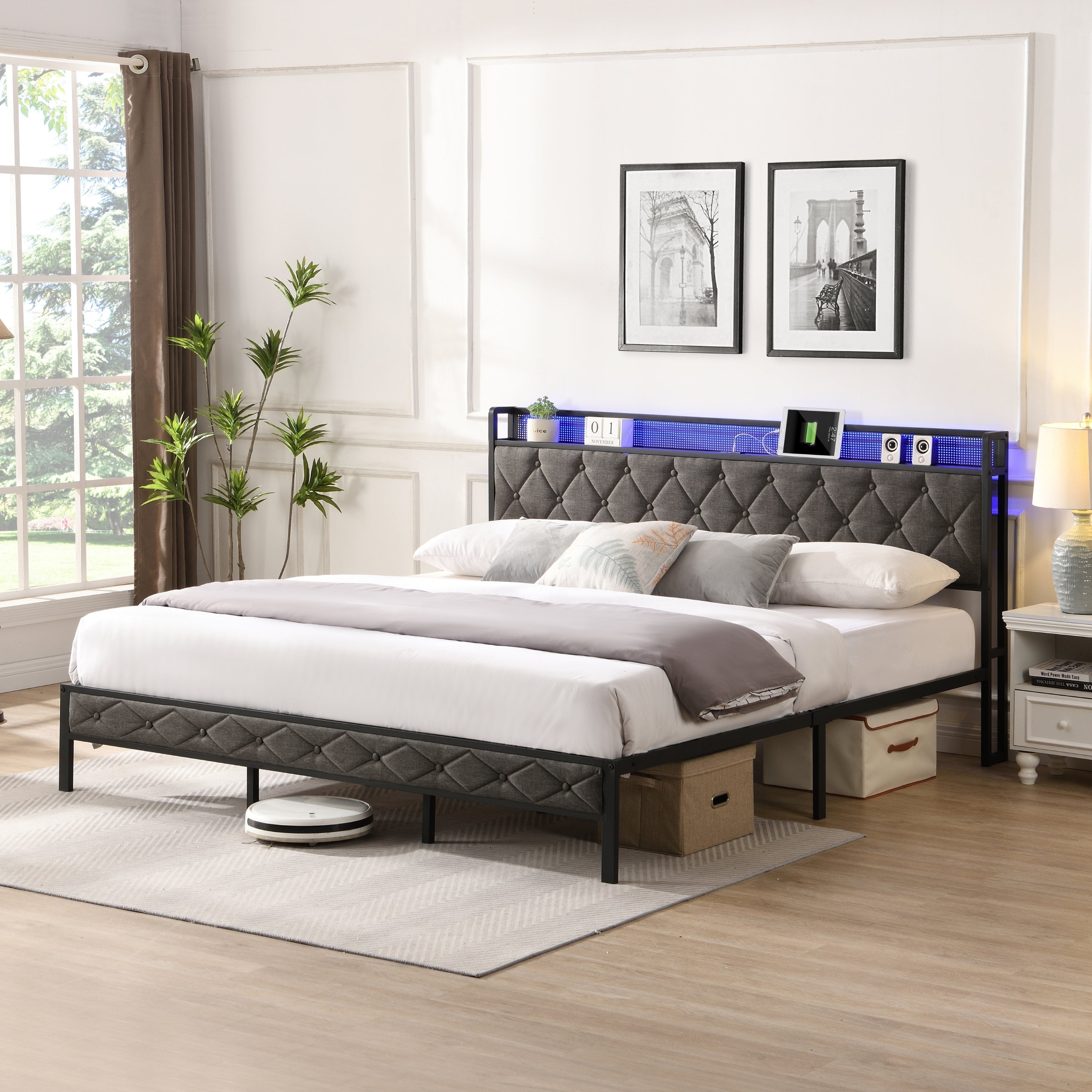 HAOYYE King Bed Frame with Storage Headboard, Charging Station and LED Lights, Upholstered Platform Bed with Heavy Metal Slats, No Box Spring Needed, Noise Free, Easy Assembly, Dark Gray Sturdy Space-Saving
