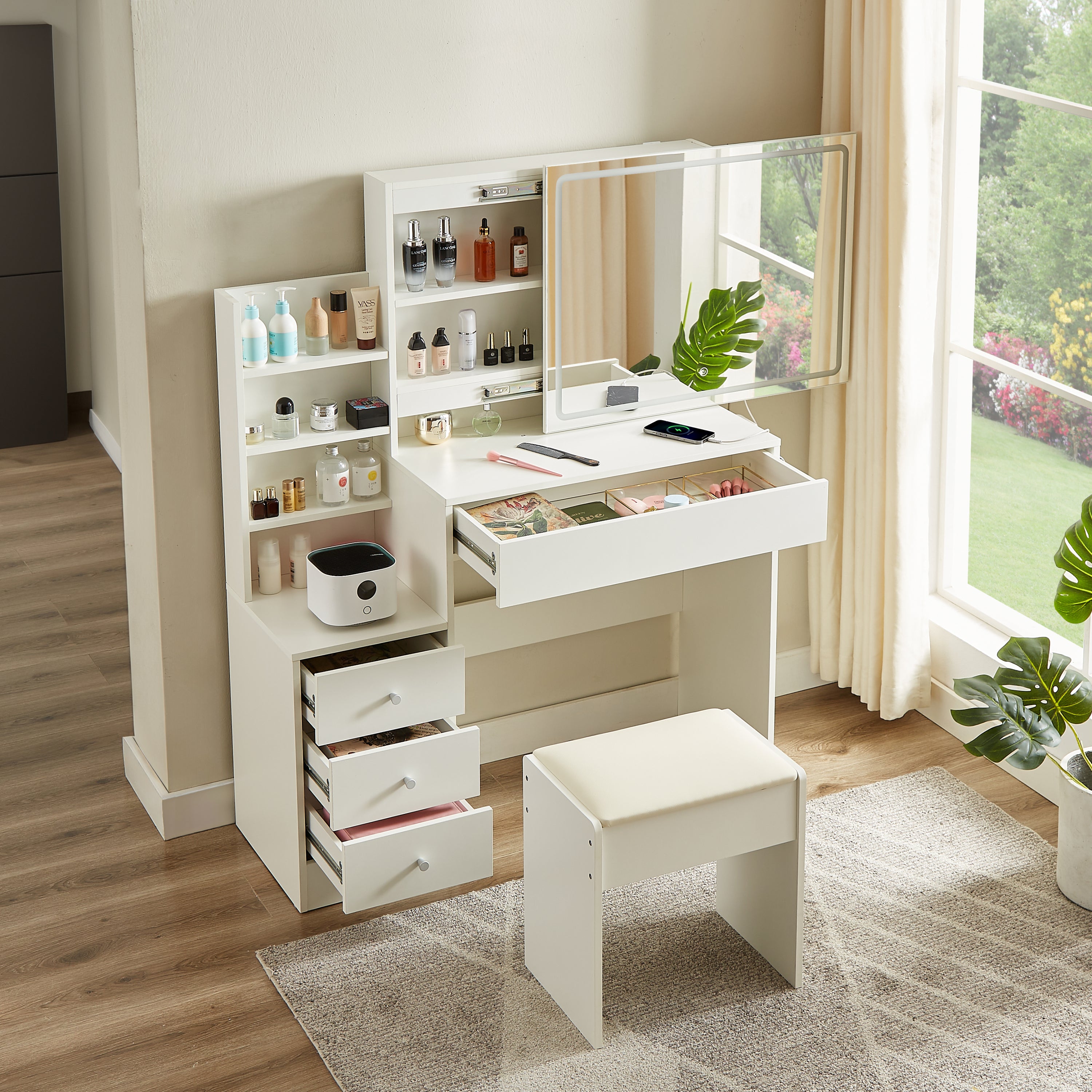 HAOYYE Vanity table with LED-lit mirror with power outlet and hairdryer shelving, with 4 drawers and upholstered stool, brightness adjustable in 3 lighting modes, storage table, White,