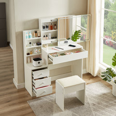 HAOYYE Vanity table with LED-lit mirror with power outlet and hairdryer shelving, with 4 drawers and upholstered stool, brightness adjustable in 3 lighting modes, storage table, White,
