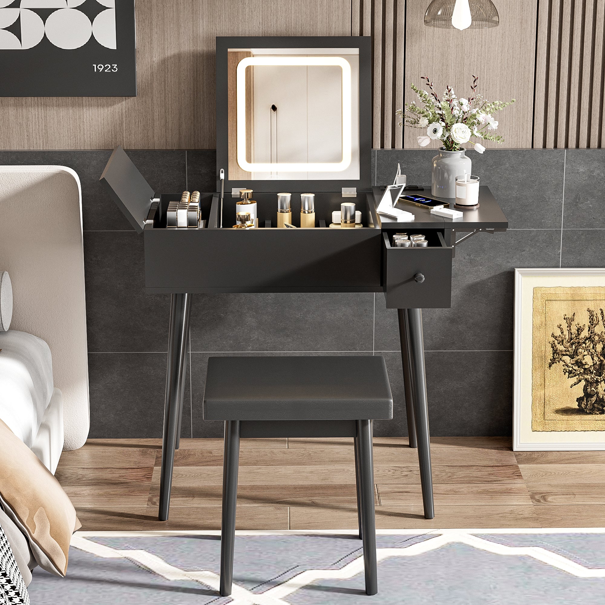 HAOYYE 27.9'' Black Makeup Vanity Desk with Flip Top Mirror and LED Light, Dressing Table with Charging Station, 2 Drawers and Fold-up Panel, Vanity Set with Cushioned Stool for Bedroom