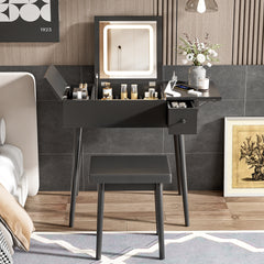 HAOYYE 27.9'' Black Makeup Vanity Desk with Flip Top Mirror and LED Light, Dressing Table with Charging Station, 2 Drawers and Fold-up Panel, Vanity Set with Cushioned Stool for Bedroom