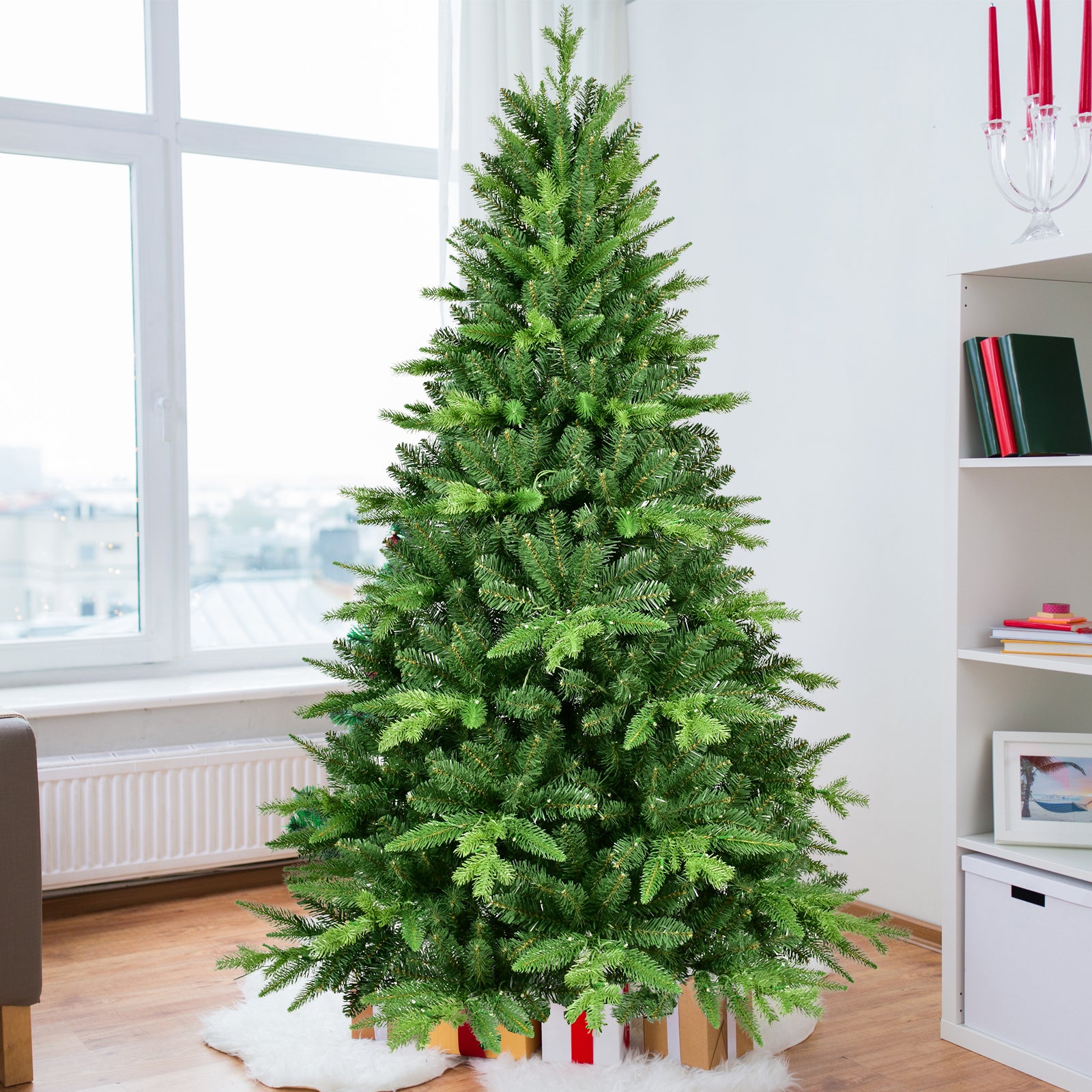 HAOYYE 5FT PE And PVC Christmas Tree with Lights, Unique Christmas Tree Prelit with 850 Branch Tips, 250 Warm White LEDs and Metal Stand, Aritificial Christmas Tree Sturdy Space-Saving Heavy Duty Adults