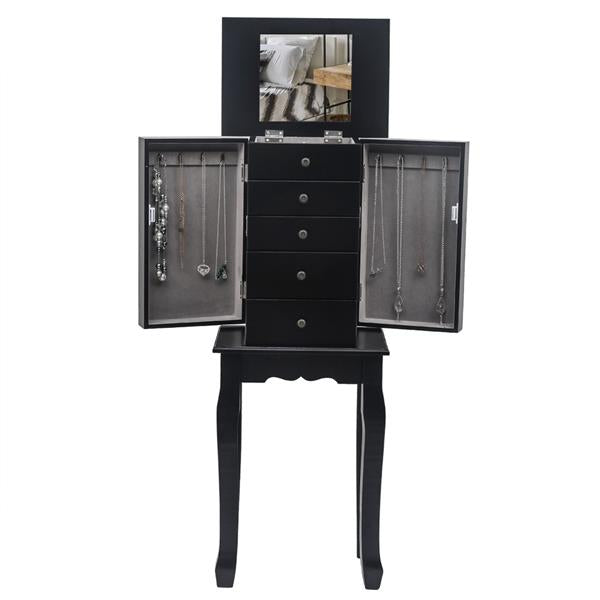 HAOYYE Standing Jewelry Armoire with Mirror, 5 Drawers and 6 Necklace Hooks, Tall Jewelry Cabinet Chest with Top Organizer and 2 Side Swing Doors