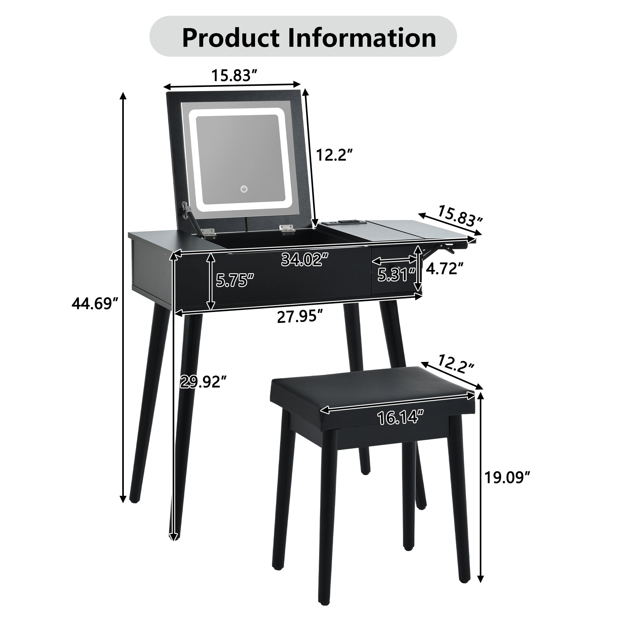 HAOYYE 27.9'' Black Makeup Vanity Desk with Flip Top Mirror and LED Light, Dressing Table with Charging Station, 2 Drawers and Fold-up Panel, Vanity Set with Cushioned Stool for Bedroom