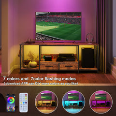 HAOYYE TV Stand with LED Lights and Power Outlets, TV Console with Fabric Drawers for 65-75 Inch TVs, Industrial Entertainment Center with Open Storage Shelves, Modern TV Stand for Living Room, Bedroom