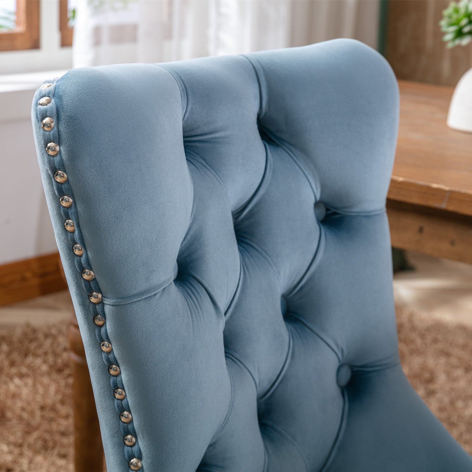 HAOYYE High-end Tufted Solid Wood Contemporary Velvet Upholstered Dining Chair with Wood Legs Nailhead Trim 2-Pcs Set,Light Blue, SW2001LB Sturdy Space-Saving Heavy Duty Durable