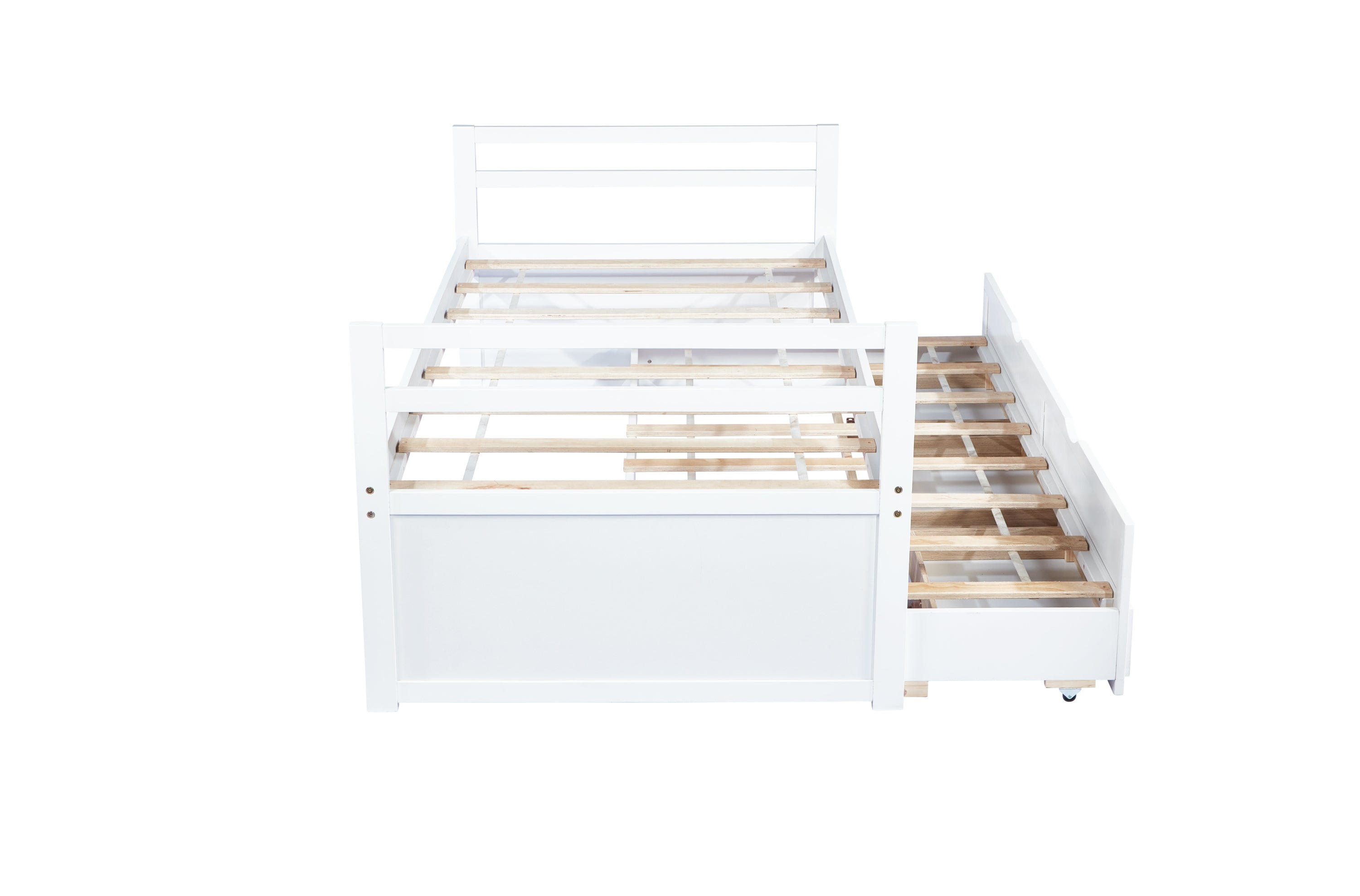 HAOYYE Twin Bed with Headboard, Footboard, Trundle and Storage Drawers, Pine Wood Twin Size Bed, White, Sturdy Space-Saving Heavy Duty Construction, Ideal for Adults and Dorm Rooms