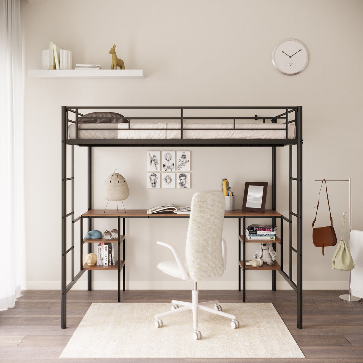 HAOYYE Twin-Size Loft Bed With Table And Shelves, Heavy-Duty Metal Construction, Noise-Reduced Design, Safety Guardrail, Two Side Ladders, CPC Certified, No Box Spring Required, Space-Saving Loft Bed For Modern Living Spaces