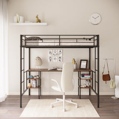HAOYYE Twin-Size Loft Bed With Table And Shelves, Heavy-Duty Metal Construction, Noise-Reduced Design, Safety Guardrail, Two Side Ladders, CPC Certified, No Box Spring Required, Space-Saving Loft Bed For Modern Living Spaces