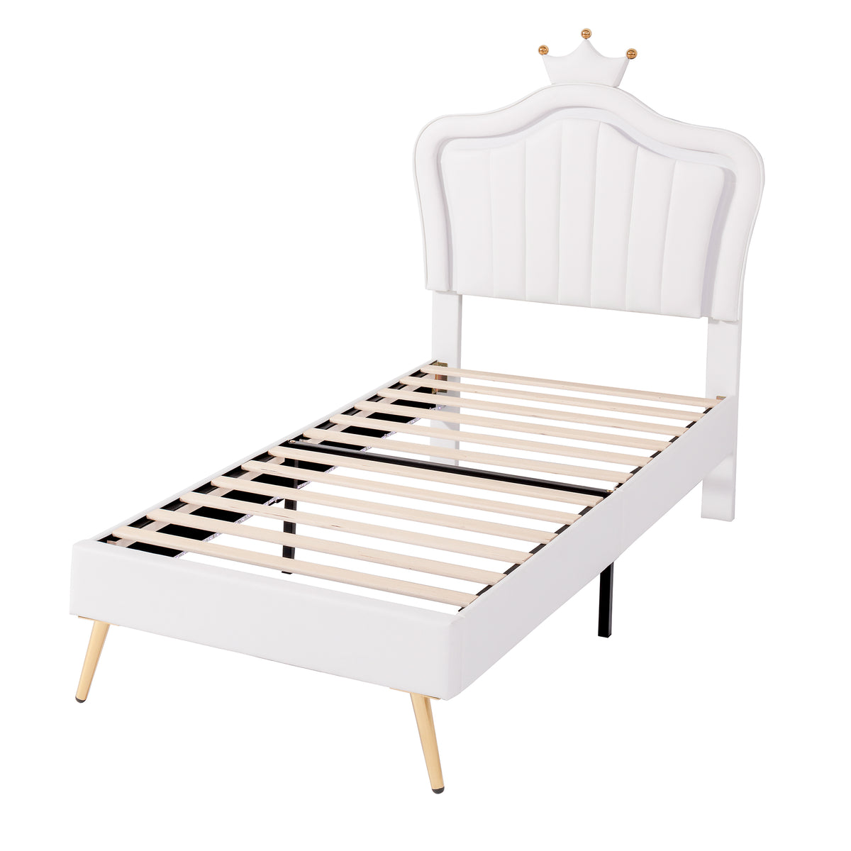 HAOYYE Twin Size Upholstered Bed Frame with LED Lights, Modern Upholstered Princess Bed With Crown Headboard,White Sturdy Space-Saving Heavy Duty Modern Design Adults Dorm Room Easy Assembly