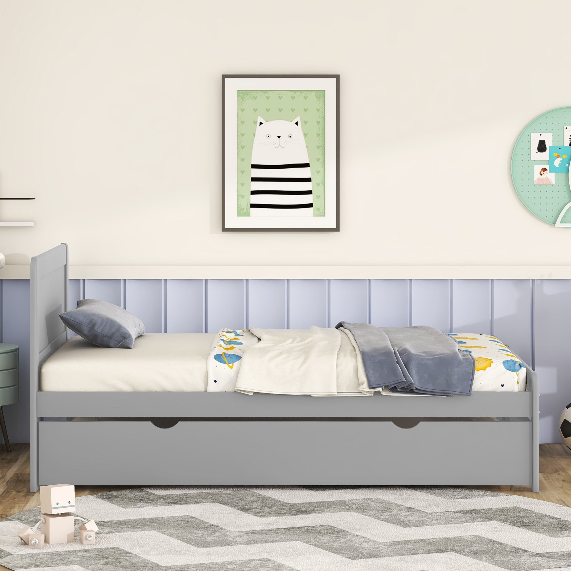 HAOYYE Modern Design Twin Size Platform Bed Frame with Trundle for Grey Color Sturdy Space-Saving Heavy Duty Easy Assembly Durable Stylish Home Furniture Versatile
