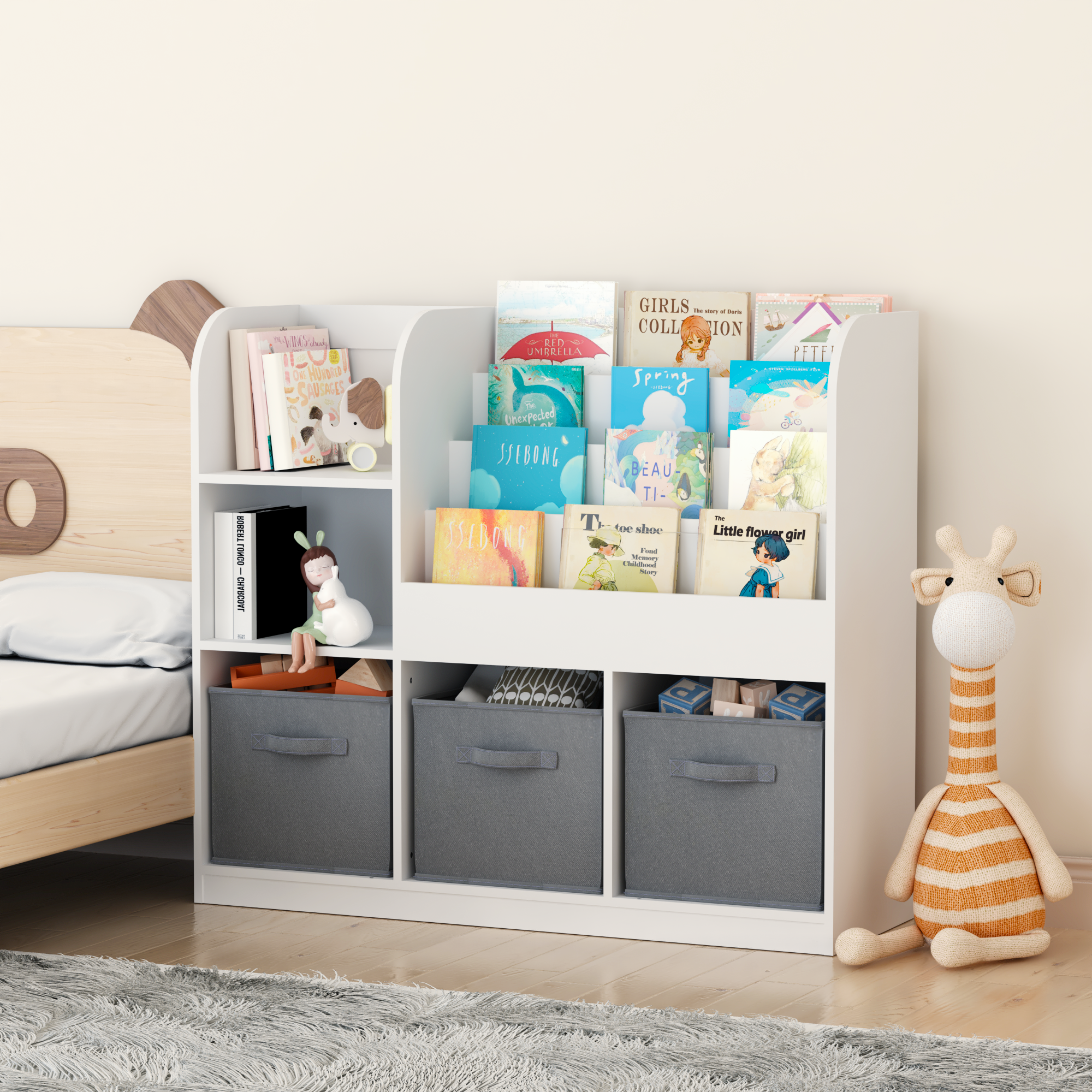 HAOYYE Bookcase and Bookshelf, Multifunctional Display Stand With 3 Collapsible Fabric Drawers, Toy Storage Organizer for Bedroom, Playroom, or Hallway, White/Gray, Sturdy Space-Saving Design