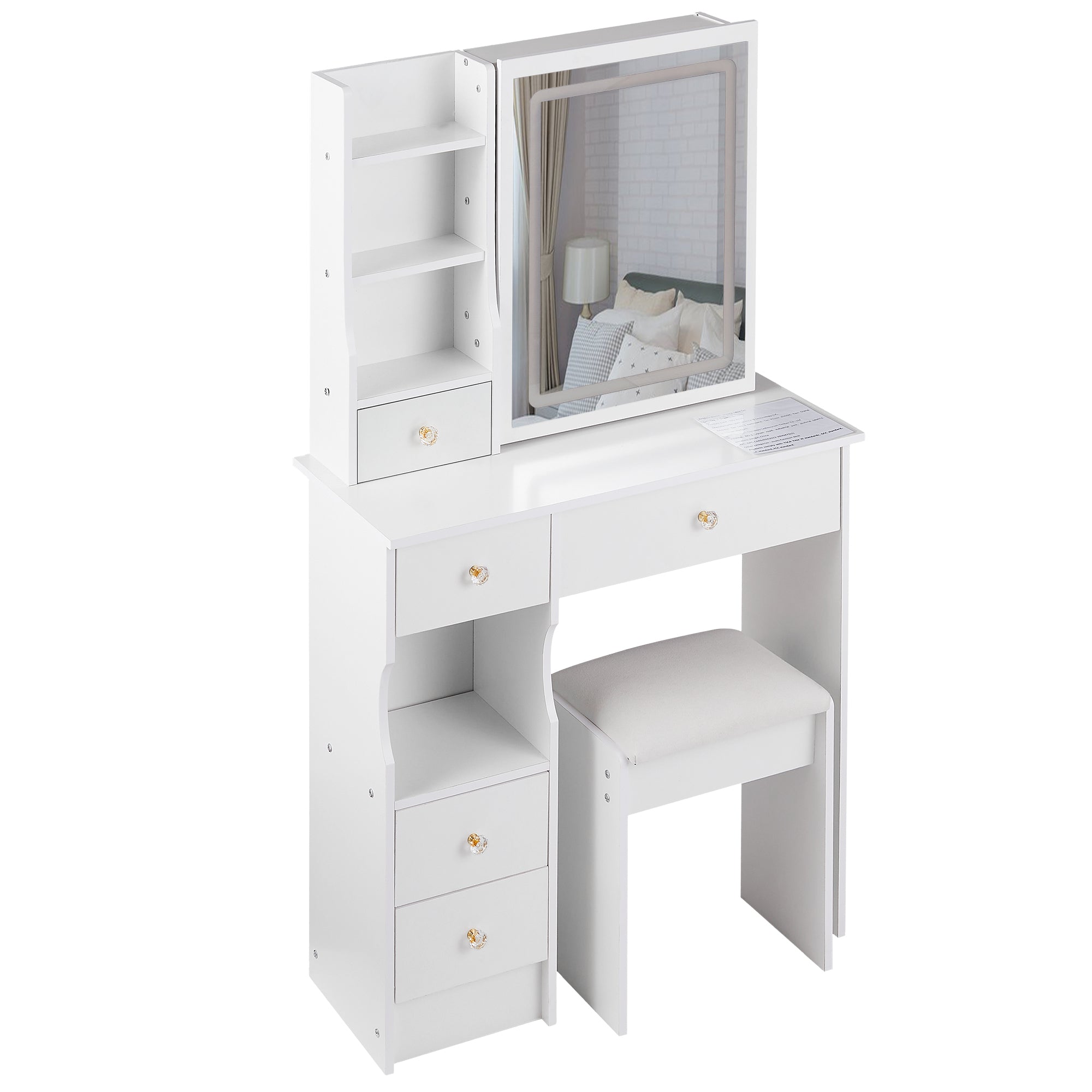 HAOYYE Small Left Drawer Desktop Vanity Table with Cushioned Stool, Touch Control Sliding LED Mirror, Tri-Color Lighting, Brightness Adjustment, Multi-Layer Storage, Ideal for Small Spaces