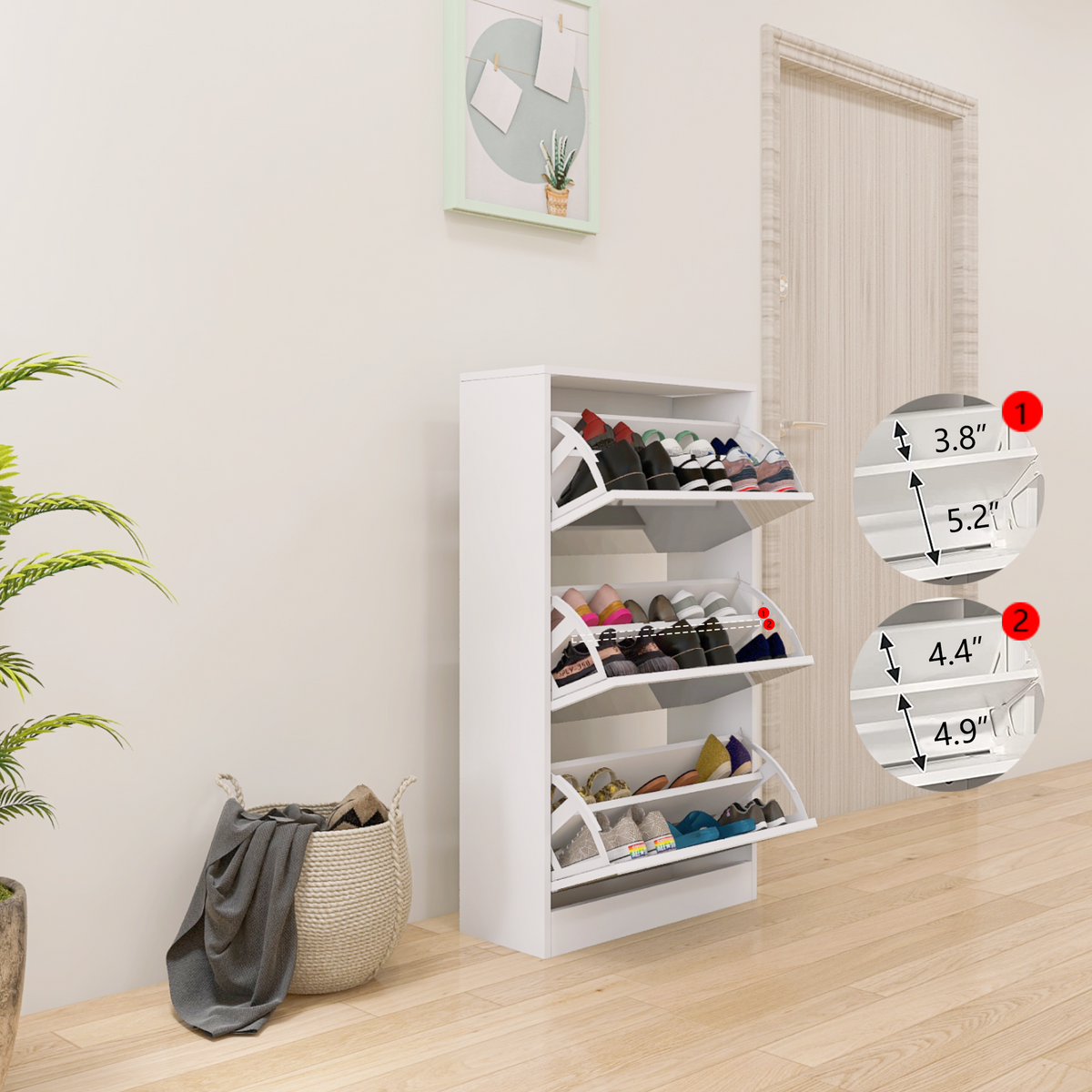 HAOYYE Narrow Shoe Storage Cabinet with Mirror, Wood Slim Shoe Rack 3 Tier Shoe Organizer for Home and Apartment, White Sturdy Space-Saving Heavy Duty Modern Design Adults Dorm Room Easy Assembly