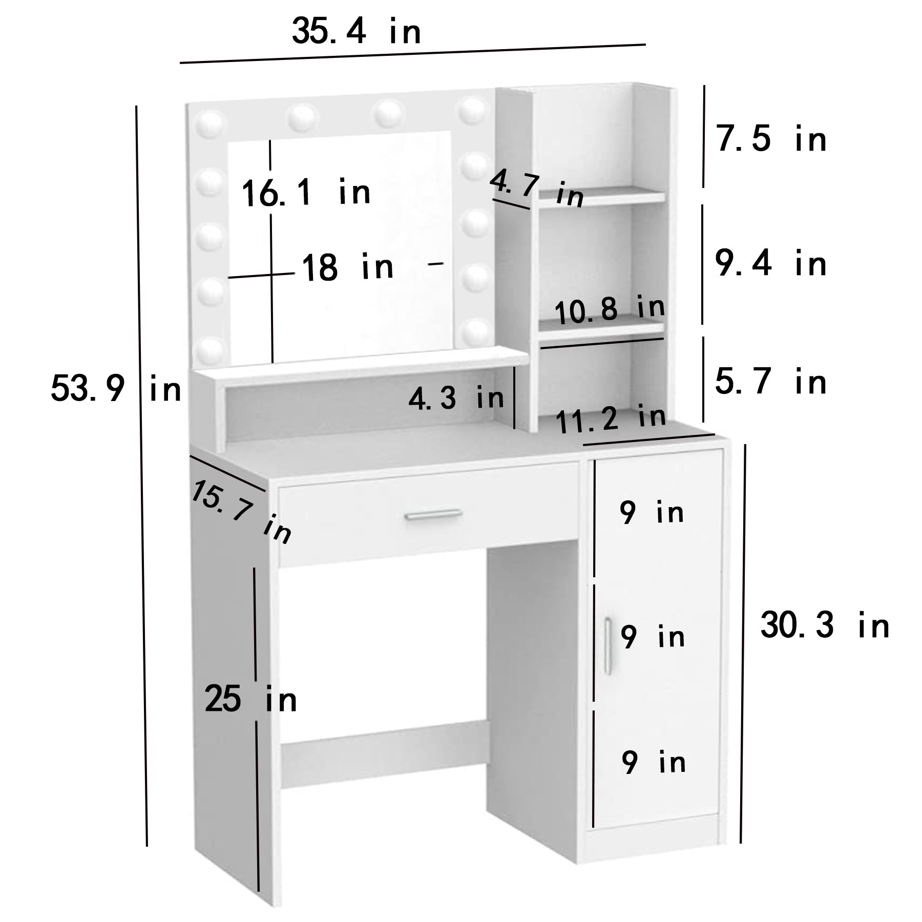 HAOYYE Vanity Desk with Mirror and Light, Three-Level Storage Dresser, Large Drawer, Adjustable Brightness with Three Lighting Modes, White, Sturdy Space-Saving Design, Heavy Duty Construction, Modern and Stylish Home Furniture
