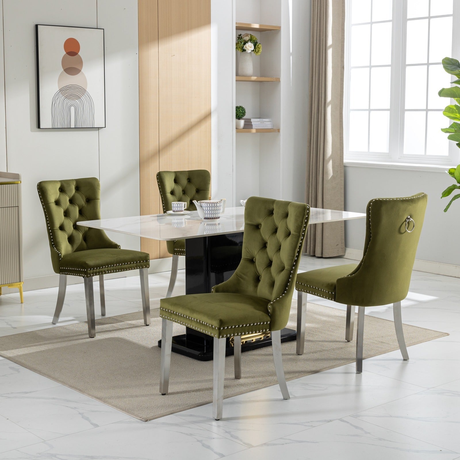 HAOYYE High-end Tufted Solid Wood Contemporary Velvet Upholstered Dining Chair with Chrome Stainless Steel Plating Legs,Nailhead Trim,Set of 2,Olive-Green and Chrome, SW1701OL Sturdy