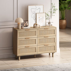 HAOYYE Natural 6-Drawer Rattan Storage Cabinet for Bedroom, Living Room, Sturdy Space-Saving Design, Heavy Duty Construction, Modern Style, Easy Assembly