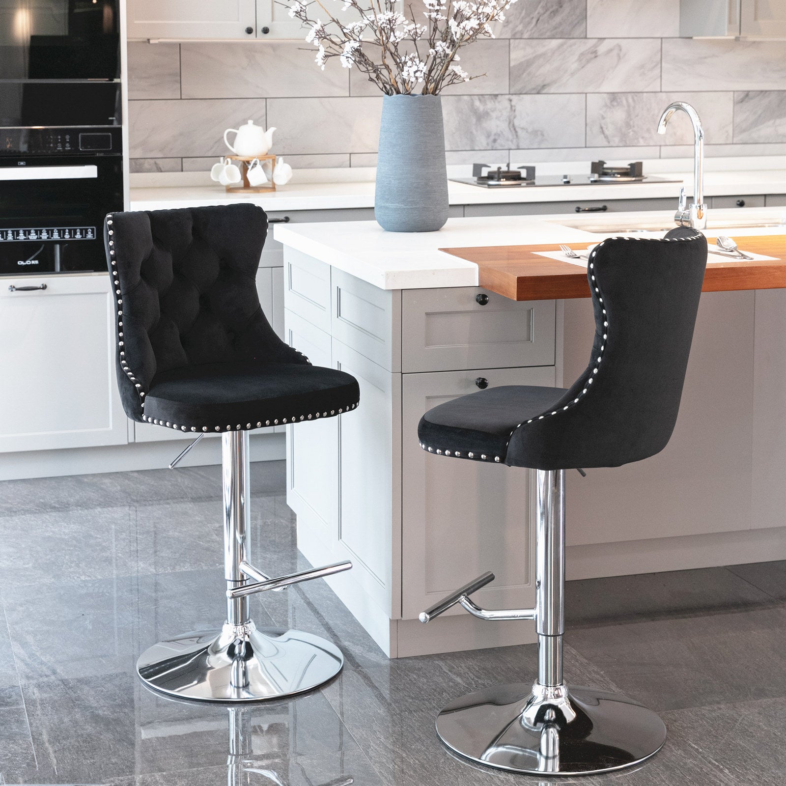 HAOYYE Adjustable Swivel Velvet Barstools with Tufted Backs, Seat Height 25-33 Inches, Chrome Base, Comfortable Upholstered Modern Design for Kitchen Island or Home Pub, Black