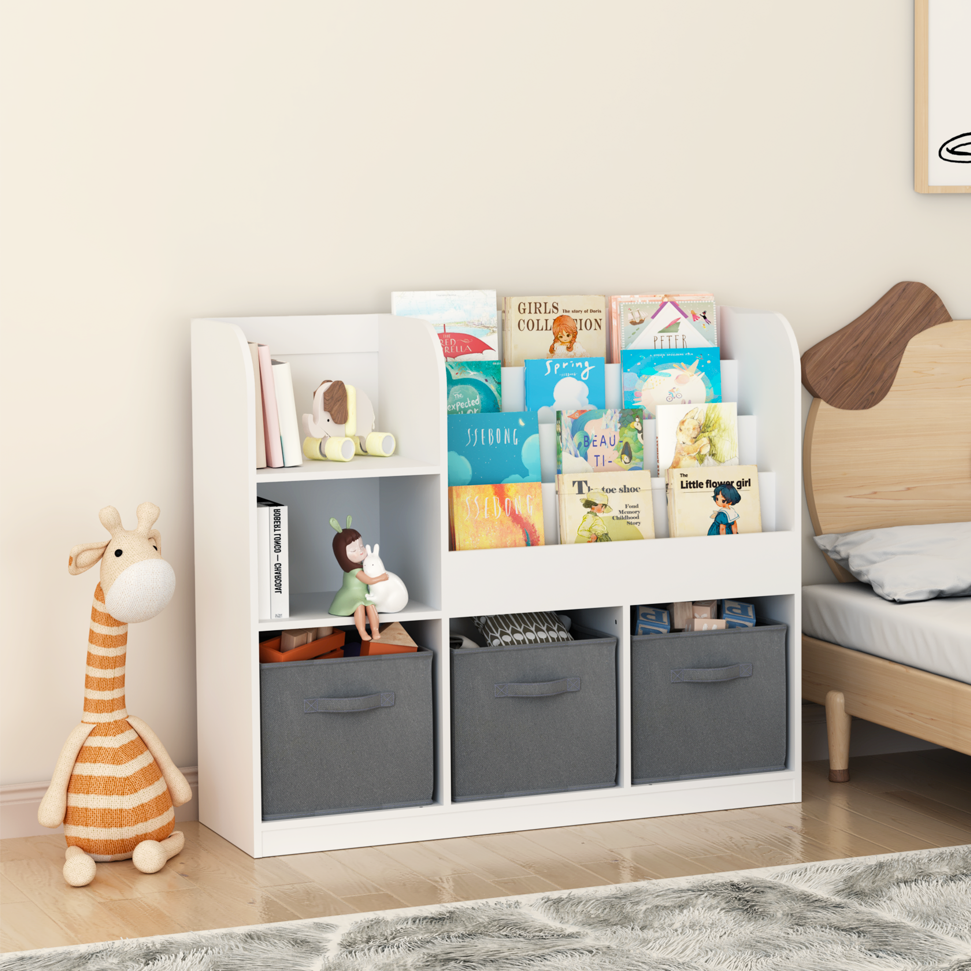 HAOYYE Bookcase and Bookshelf, Multifunctional Display Stand With 3 Collapsible Fabric Drawers, Toy Storage Organizer for Bedroom, Playroom, or Hallway, White/Gray, Sturdy Space-Saving Design