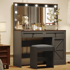 HAOYYE Makeup Vanity Table with Large Mirror and 11 LED Lights, Adjustable Brightness, Dressing Table Desk with 3 Drawers, Modern Vanity Desk for Women, Black with Stool, Sturdy and Space-Saving Design