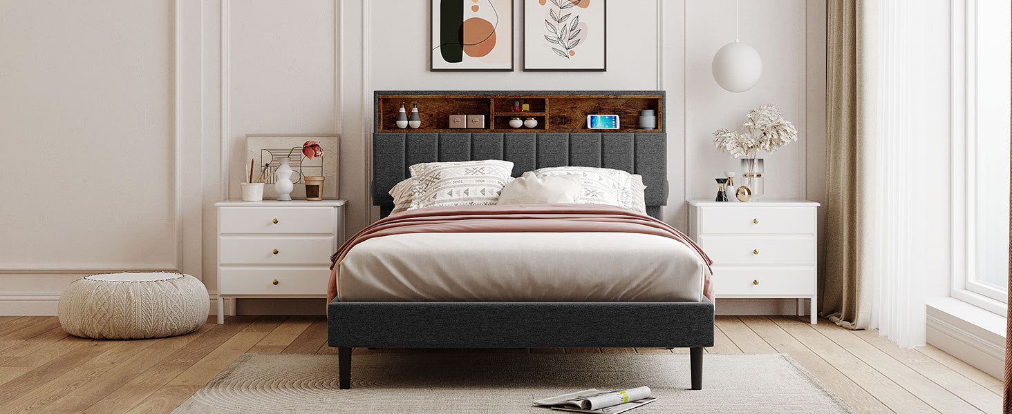 HAOYYE Full size Upholstered Platform Bed with Storage Headboard and USB Port, Linen Fabric Upholstered Bed (Gray) Sturdy Space-Saving Heavy Duty Modern Design Easy Assembly Durable Stylish Home Furniture
