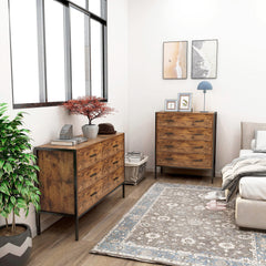 HAOYYE Industrial Style 6-Drawer Double Dresser, Rustic Brown Wooden Storage Organizer With Sturdy Steel Frame, Space-Saving Storage Cabinet For Bedroom And Living Room