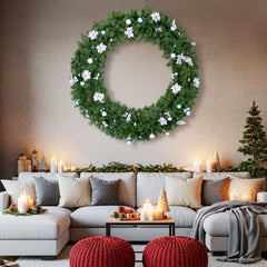 HAOYYE Pre-lit Christmas Wreath Artificial Holiday Greenery with 150 Cold and Warm White Lights 450 PVC Branch Tips and DIY Ornaments Elegant Lighted Wreath for Front Door Wall Gate Party Decorations