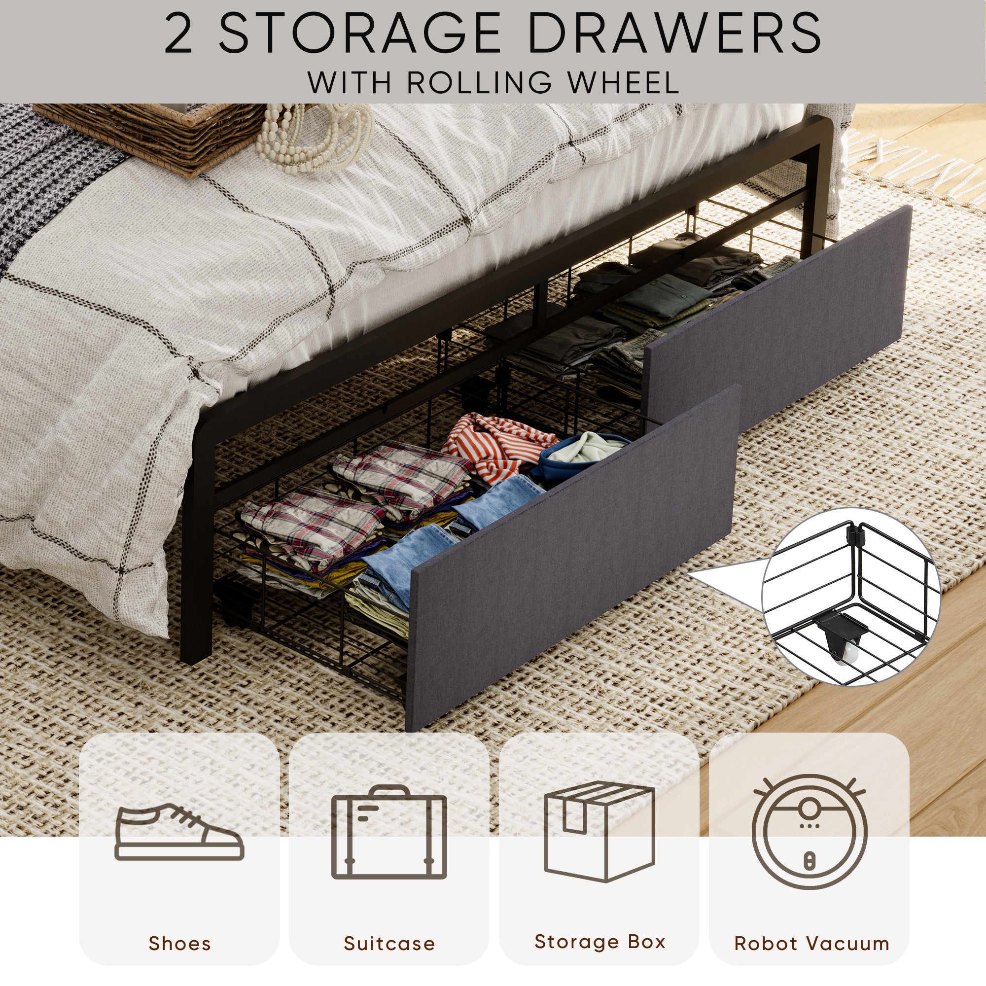 HAOYYE Queen Bed Frame with Storage Headboard and Drawers, LED Upholstered Platform Bed Frame with Built-in Charging Station, No Box Spring Needed, Easy Assembly, Sturdy and Space-Saving Design in Grey for Adults